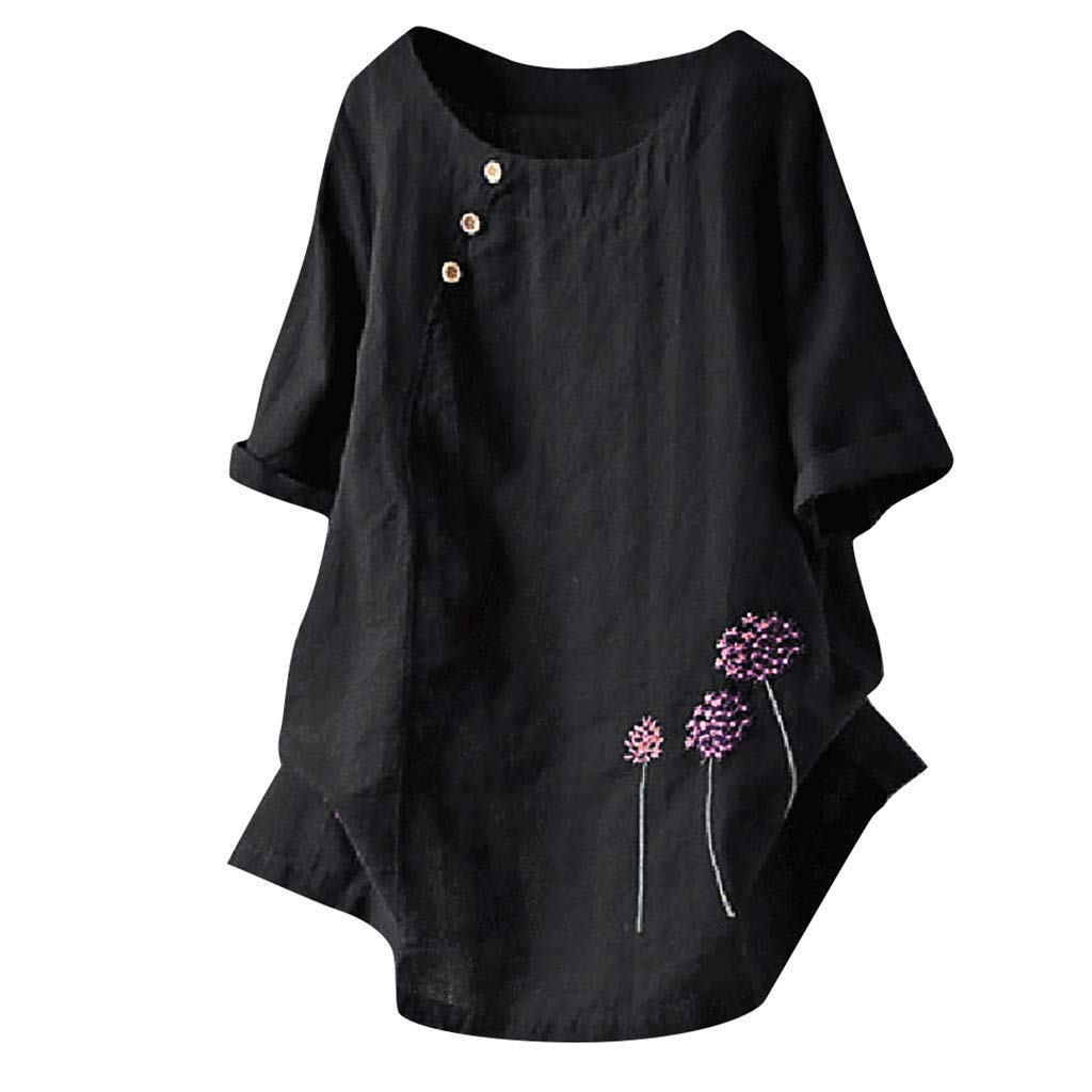 Women's Plus Size Cotton Linen Embroidered Casual Button-Down Blouse - Floral O-Neck Shirt for Work, Travel & Everyday Wear