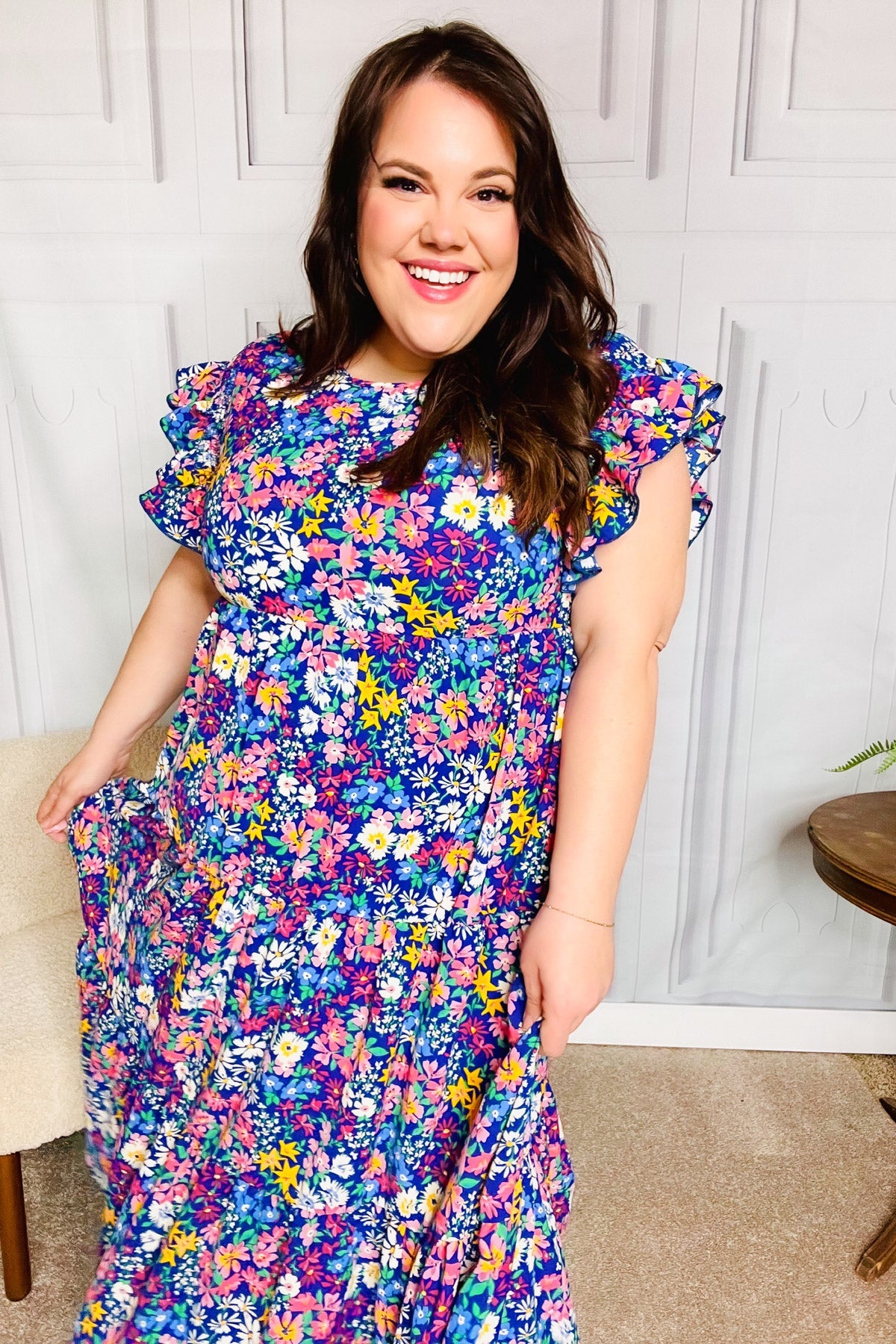 Haptics Just A Dream Navy Floral Smocked Ruffle Sleeve Maxi Dress - Elegant Summer Beach Wedding Guest Dress for Women