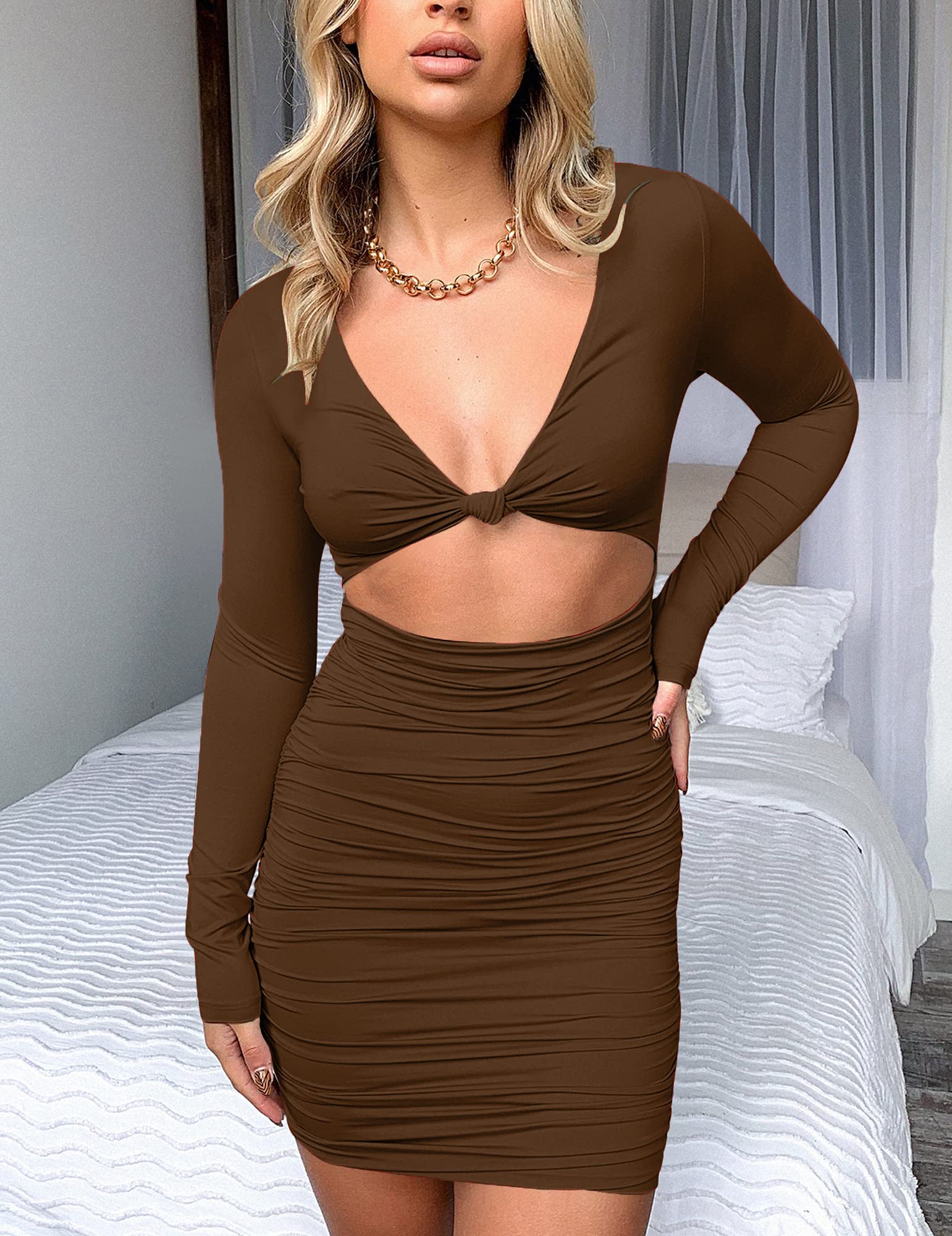 Mokoru Women's Sexy Ruched Bodycon Long Sleeve Cut Out Club Party Mini Dress - Perfect for Night Out, Date Night, and Special Occasions