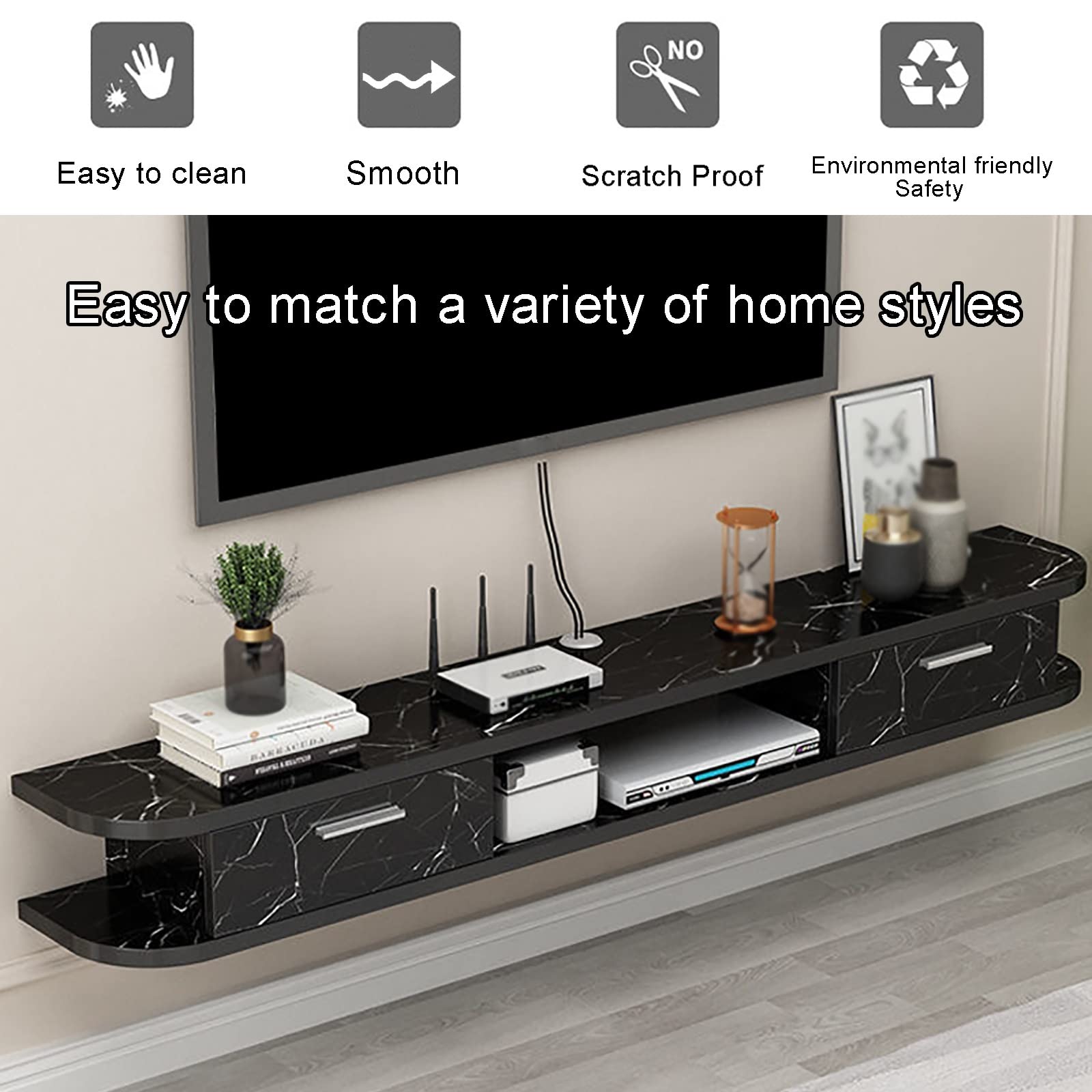 Wall Mounted Floating TV Stand - 100x22x18.2cm Modern TV Shelf with Storage, Space-Saving Media Console for Living Room & Home Office (Black) - Perfect for Small Spaces & Entertainment Centers