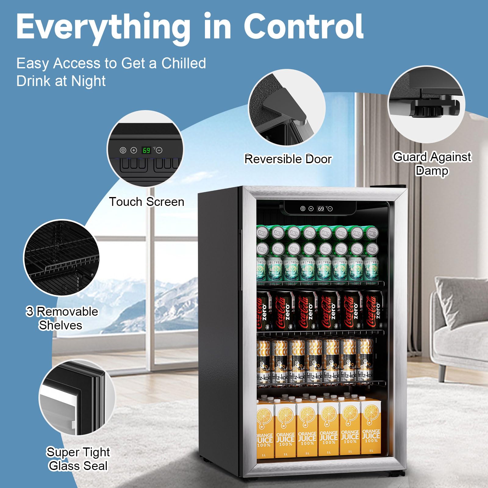 3.0 Cu.ft Beverage Refrigerator Cooler - 105 Can Capacity Mini Fridge with Reversible Glass Door & Digital Temperature Control for Beer, Wine, Soda - Adjustable Shelves for Office, Bar, Home, or Dorm Room Use
