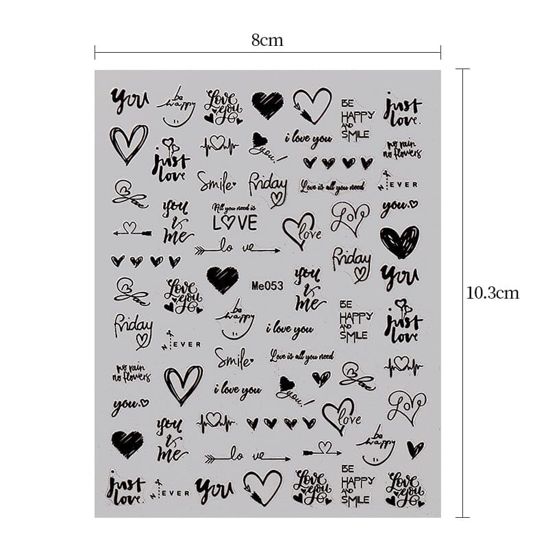 Valentine's Day Nail Stickers - Heart & Love Word Design Decals for Women (Me053) | Perfect for Romantic Dates, Weddings & Special Occasions