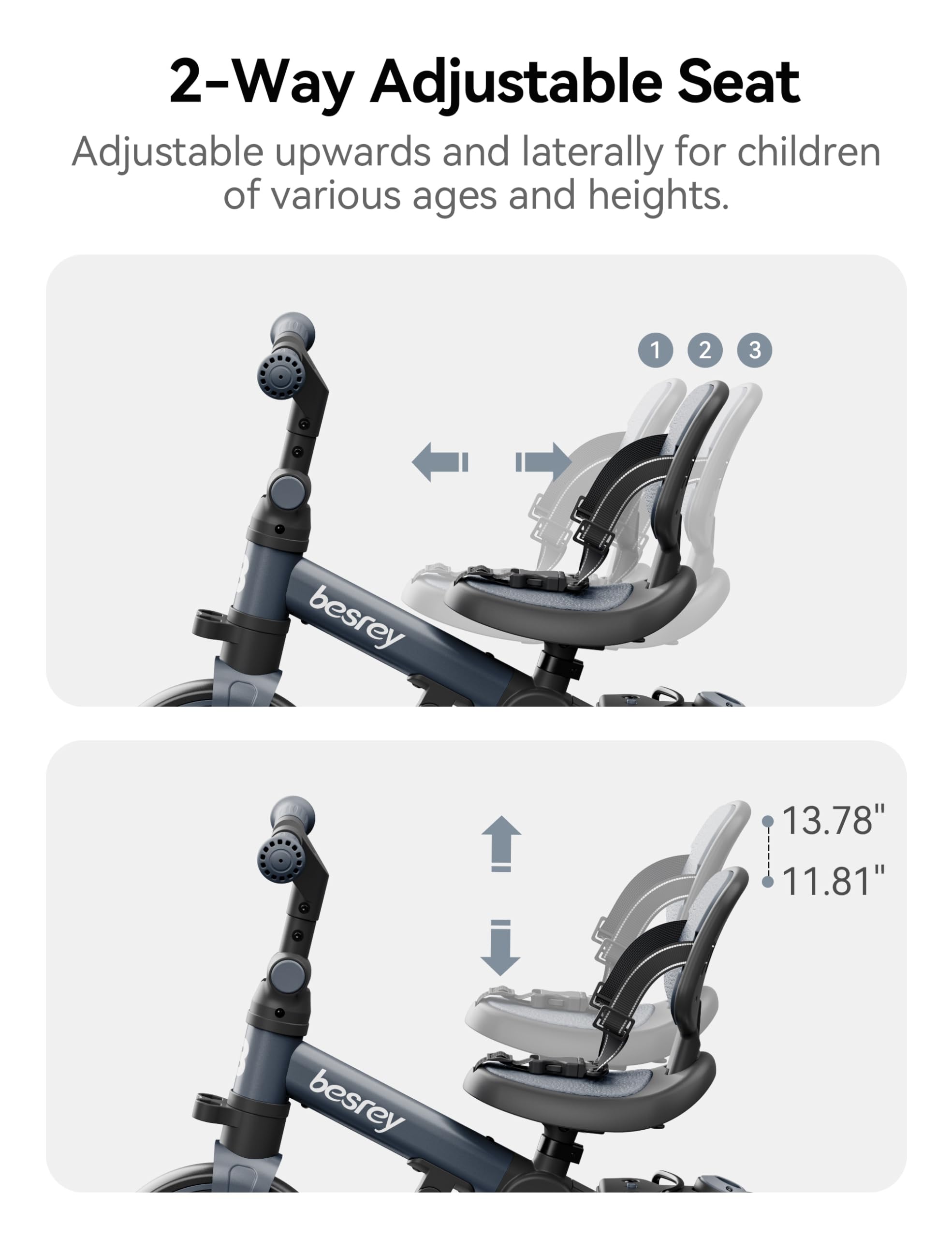 Besrey 5-in-1 Toddler Bike & Tricycle for 1-3 Year Olds - Adjustable Push Handle, Safety Belt & Backrest - Balance Bike & First Bike for Boys & Girls - Perfect Birthday Gift & Outdoor Play Toy for Toddlers