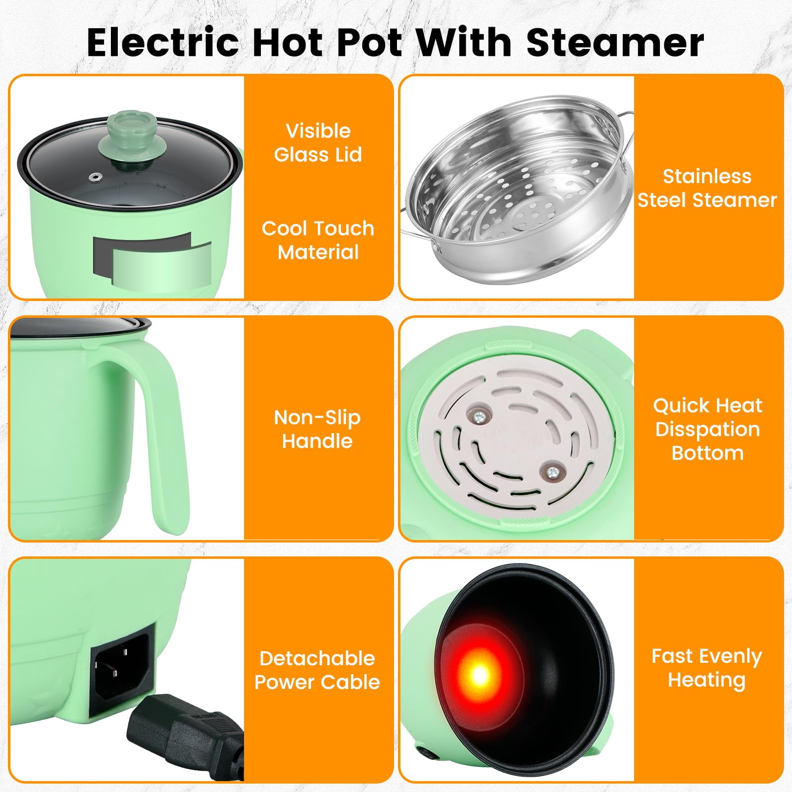 1.8L Mini Electric Hot Pot with Steamer - Fast Ramen Noodle Cooker, Portable Self-Heating Pot for Cooking Noodles, Oatmeal & Pasta | Perfect for Dorm, Office & Travel | Non-Stick Green Shabu Shabu Hot Pot