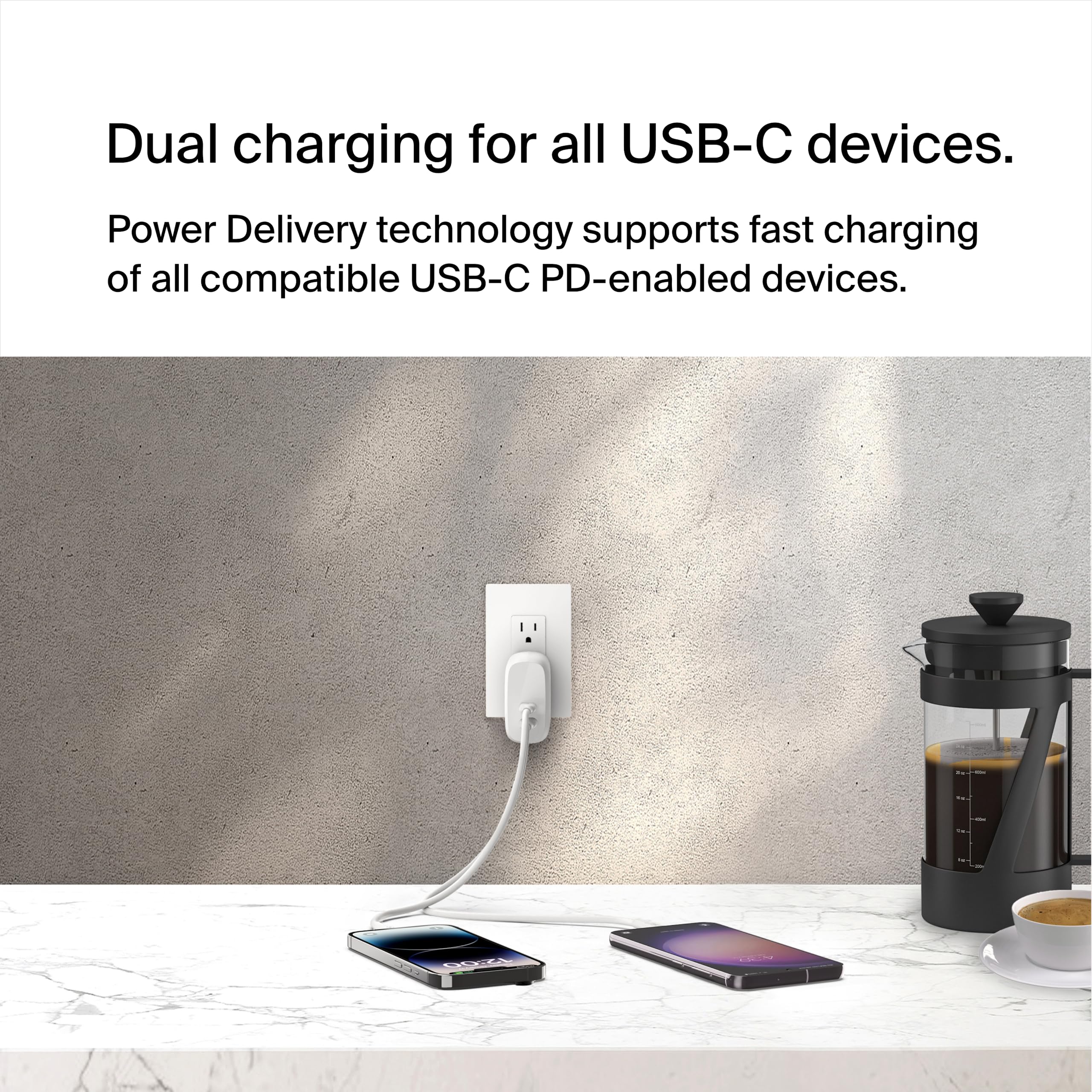 Belkin BoostCharge 60W Dual USB-C Wall Charger with PPS - Fast Charging for iPhone 16, iPad, Samsung Galaxy S25, Google Pixel - Includes USB-C to Lightning & USB-C to USB-C Cables - Perfect for Home, Office & Travel - White