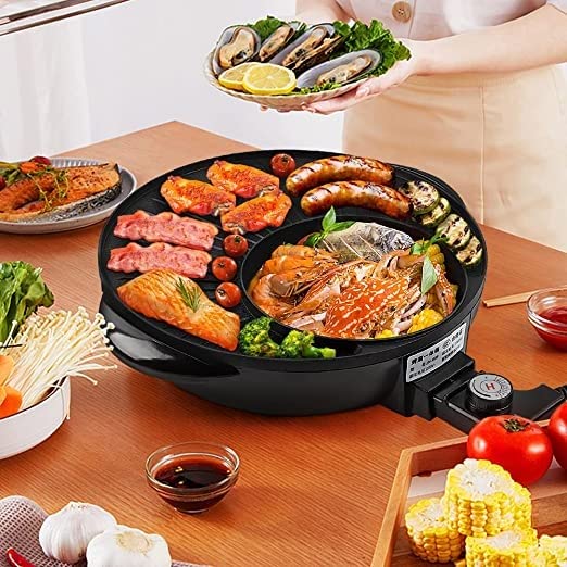 2 in 1 Electric Hot Pot and Grill - Non-Stick BBQ Grill Plate with Glass Lid, Adjustable Temperature for Indoor Cooking - Perfect for Home Kitchen, Camping & Small Space Apartments