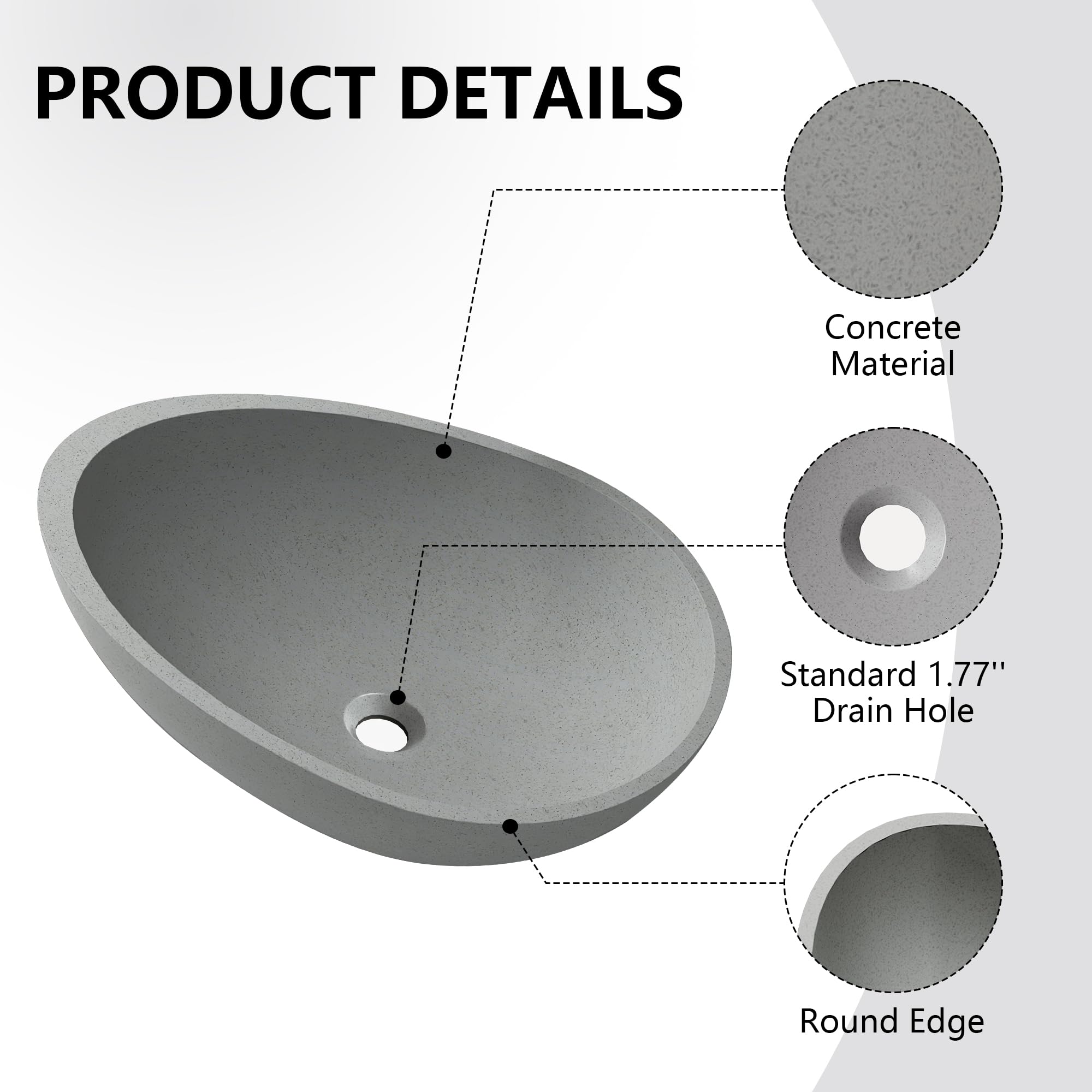 Dolonm Grey Concrete Vessel Sink for Bathroom - 21