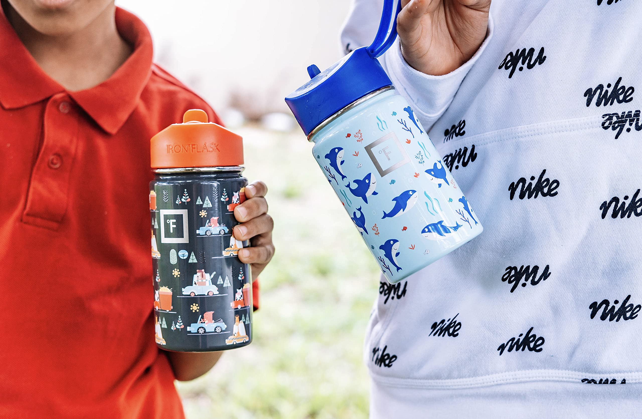 **IRON °FLASK Kids Water Bottle with Straw Lid - 10oz Vacuum Insulated Stainless Steel Tumbler, Includes 20 Name Stickers - Double Wall Thermos Mug for School, Travel & Outdoor Activities - Iron Shark Design**