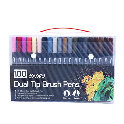 Professional Cobaka Double-Headed Artist Watercolor Brush Pen Set - 100 Colors Including Black - Soft Brush & Hook Line Tips for Watercolor Painting, Calligraphy, Sketching, Bullet Journaling, Office & School Art Supplies | Perfect for Adult Coloring Books, Hand Lettering & DIY Craft Projects