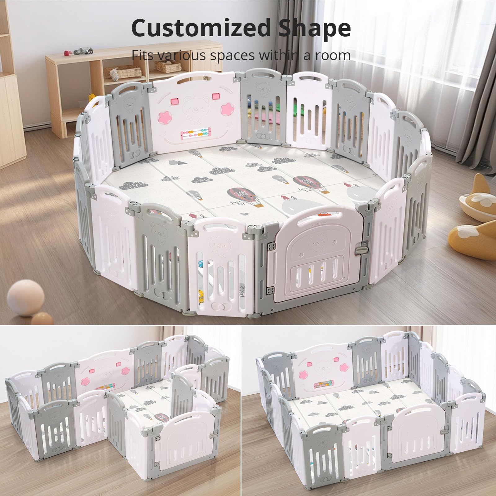UANLAUO 18 Panel Foldable Baby Playpen - Adjustable Play Yard for Toddlers & Kids, Easy to Assemble Indoor/Outdoor Safety Gate (Grey+White) - Perfect for Playroom, Living Room, Backyard & Park