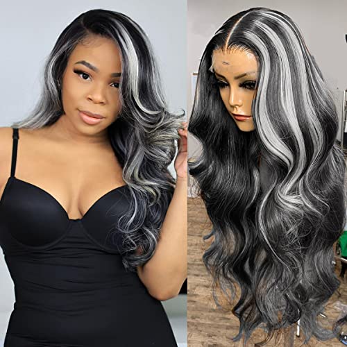 Grey Highlight Human Hair Wigs for Black Women - 5x5 Lace Closure Body Wave Glueless Wig with Pre-Plucked 180 Density (16 inches) | Perfect for Cosplay, Daily Wear & Special Occasions