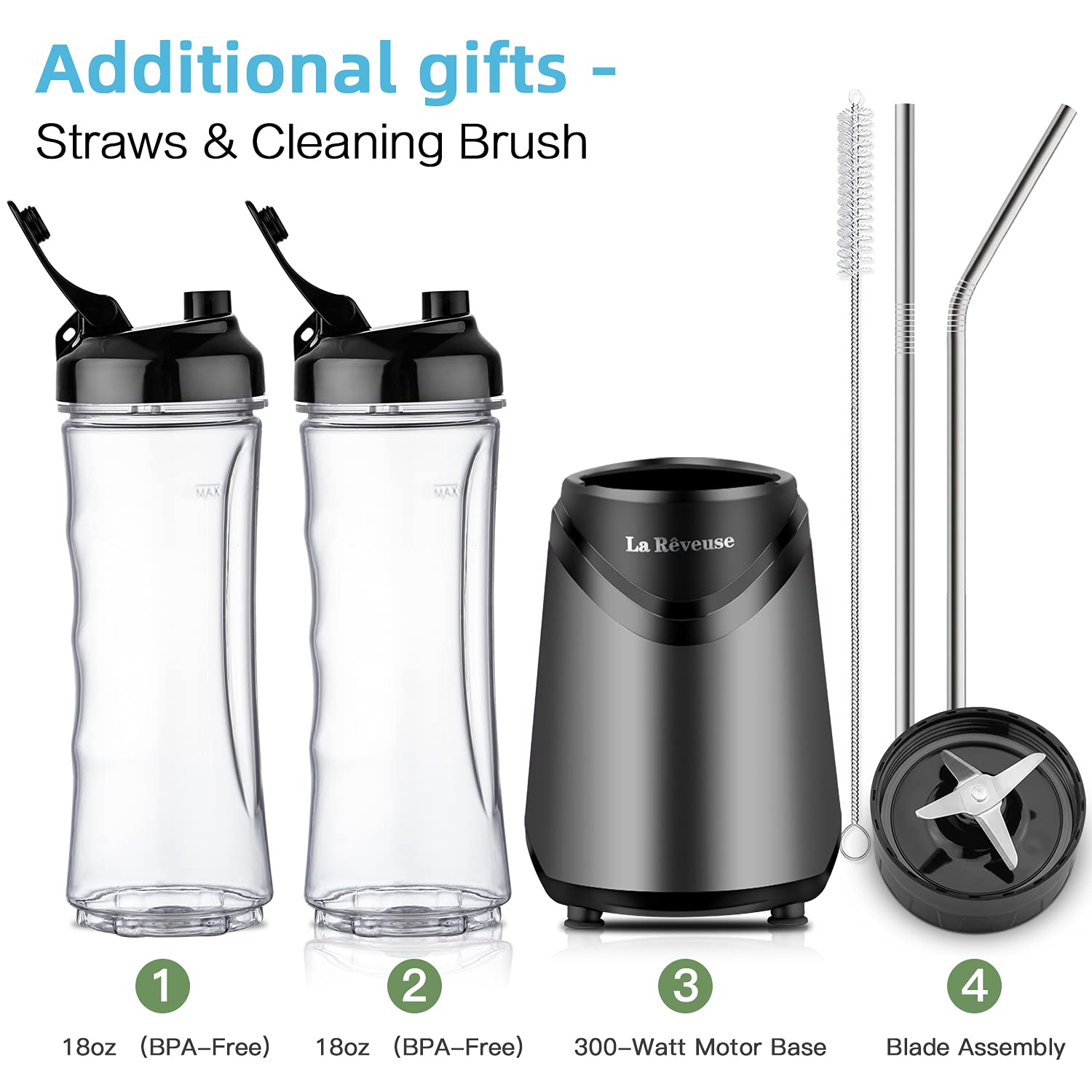 La Reveuse 300W Personal Smoothie Blender with 2 BPA-Free 18oz Travel Bottles - Compact Grey Blender for Protein Shakes, Meal Prep & On-the-Go Smoothies
