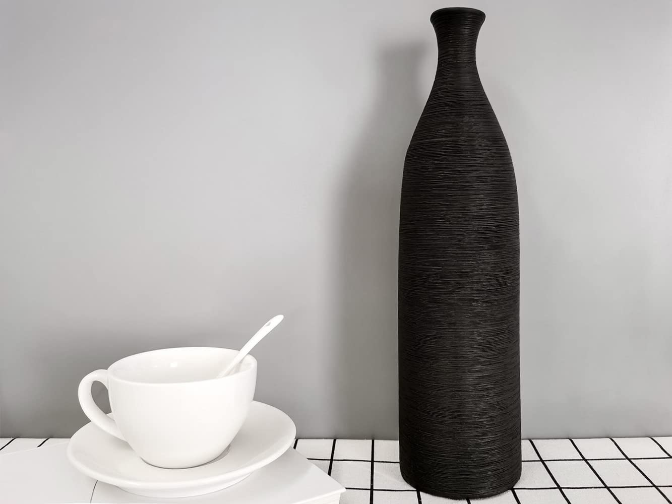 Modern Black Ceramic Vase - 13.3 Inch Small Narrow Neck Flower Vase for Home Decor, Farmhouse, Fireplace & Table Centerpiece | Elegant Ceramic Decorative Vase for Living Room, Dining Table & Wedding Decor