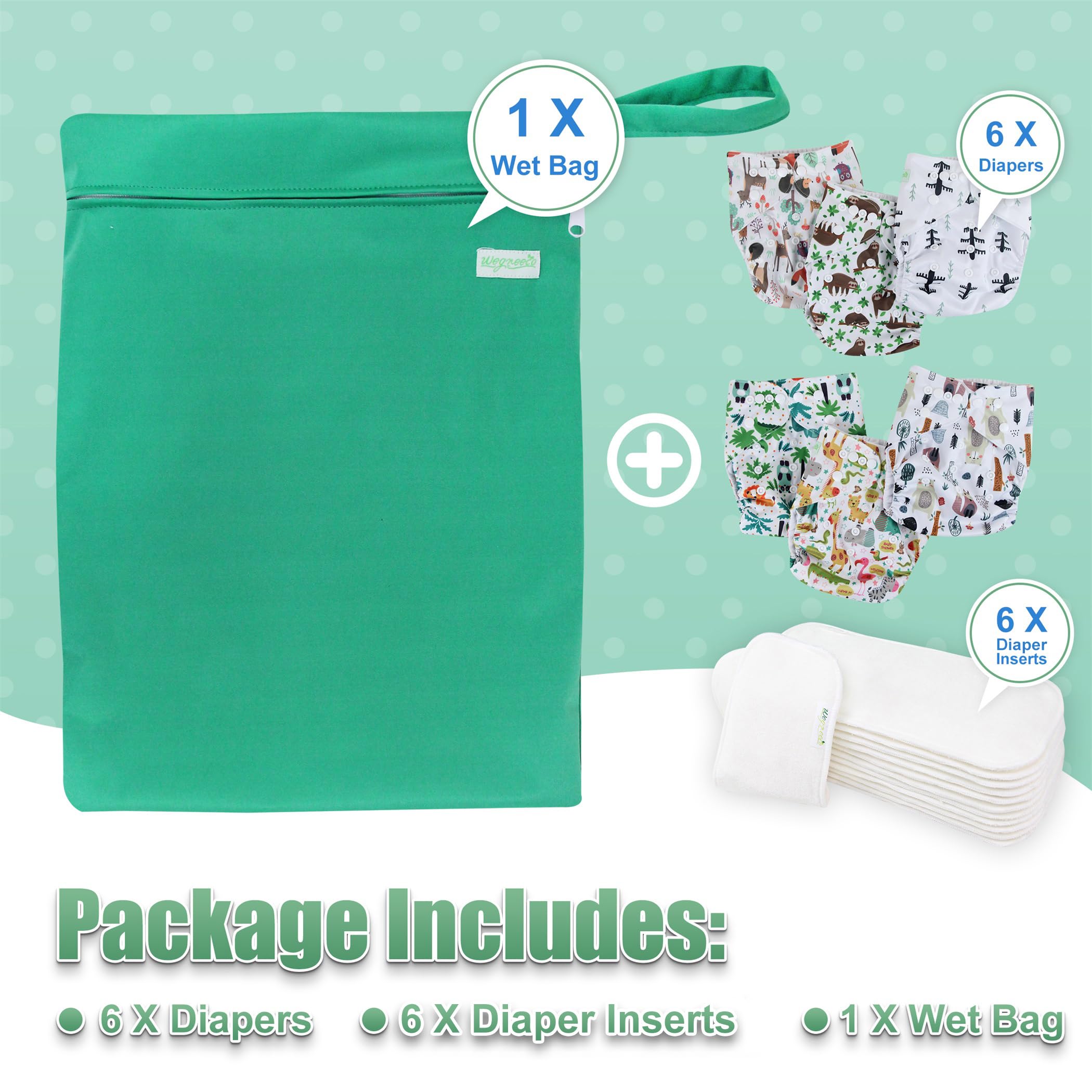 Wegreeco 6 Pack Washable Cloth Diapers for Babies with 6 Inserts & 1 Wet Bag - One Size Adjustable Reusable Baby Diapers (Forest Animals Print) - Eco-Friendly, Soft & Absorbent for Daycare, Travel & Home Use