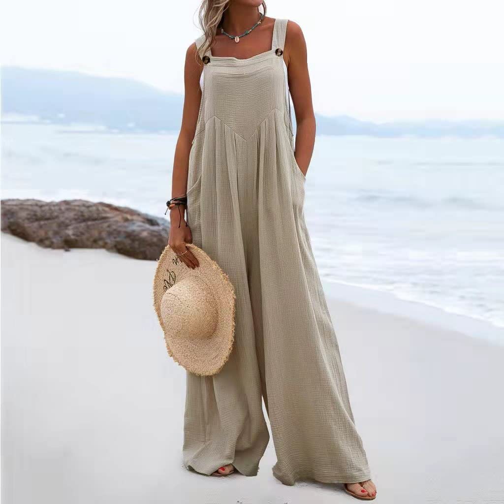 XFLnaraz Women's Wide Leg Jumpsuit - Sleeveless Suspender Romper Pants, Loose Fit One Piece Outfit for Casual Wear, Summer Vacation & Beach Outings