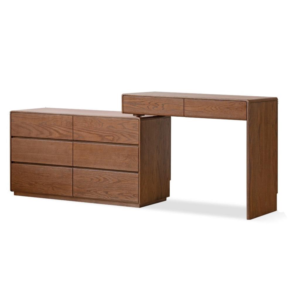 Vintage Oak Solid Wood Extendable Dressing Table - Elegant Vanity Desk with Mirror for Bedroom, Makeup & Beauty Organization