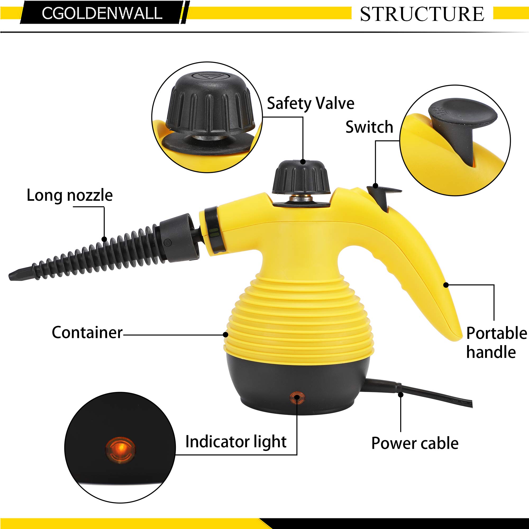 CGOLDENWALL Handheld Steam Cleaner - 1500W High Pressure Portable Steamer for Deep Cleaning, Sanitizing & Stubborn Stain Removal | Multi-Purpose Household Cleaning Tool for Floors, Tiles, Grout, Upholstery & More | Perfect for Kitchen, Bathroom & Car Detailing