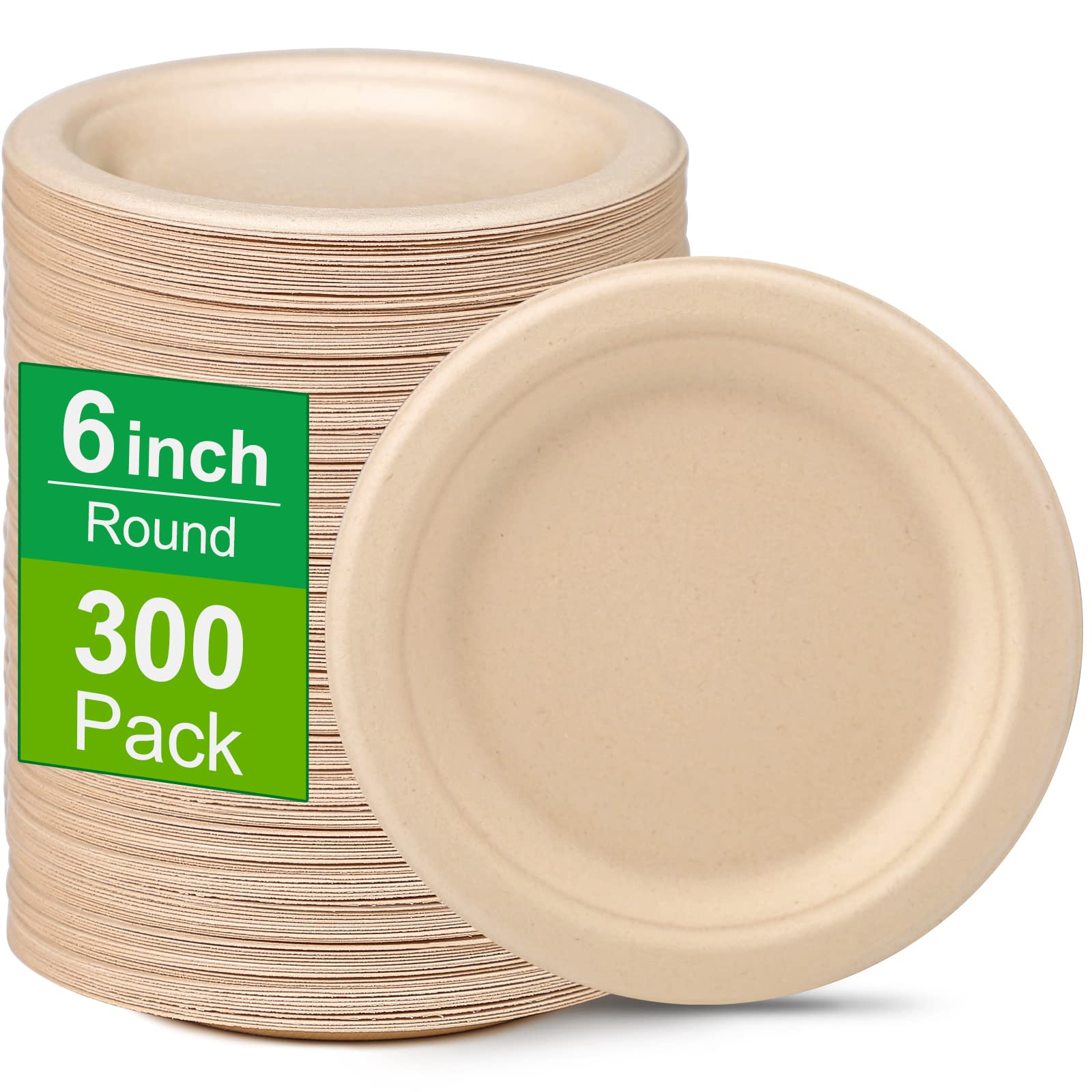 300 Pack 6 Inch Biodegradable Paper Plates - Eco-Friendly Compostable Dessert Plates for Parties, Picnics & Events (Brown)