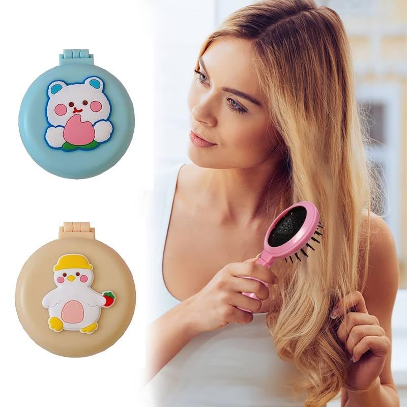 Portable Round Folding Hair Brush with Mirror - 3 Pack Compact Travel Hairbrush Set for Women & Girls, Mini Detangling Comb & Massage Brush for On-the-Go Styling, Home, Office & Travel Essentials