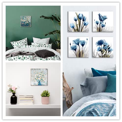 Blue Bottle Flower Canvas Wall Art - Ready to Hang for Bathroom, Bedroom & Kitchen Decor