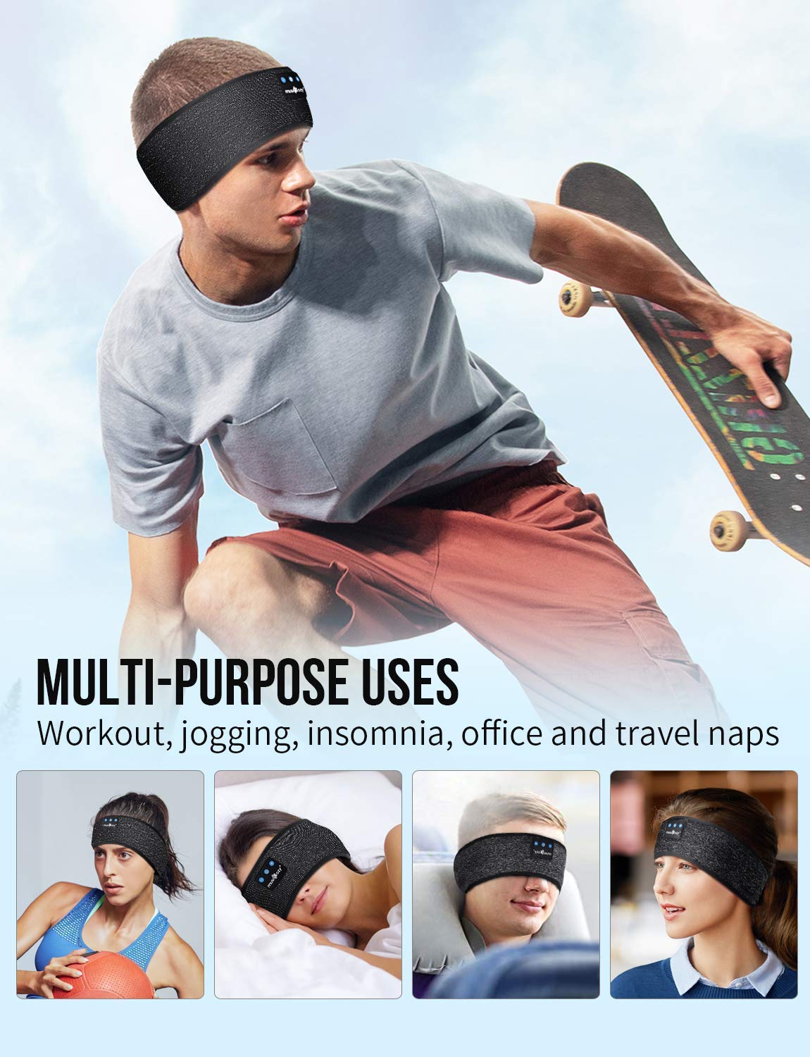 MusiCozy Bluetooth 5.2 Sleep Headphones & 3D Eye Mask - Wireless Sports Headband for Side Sleepers, Running, Yoga, Travel & Meditation (2-Pack) | Perfect for Nighttime Relaxation & Noise Cancellation