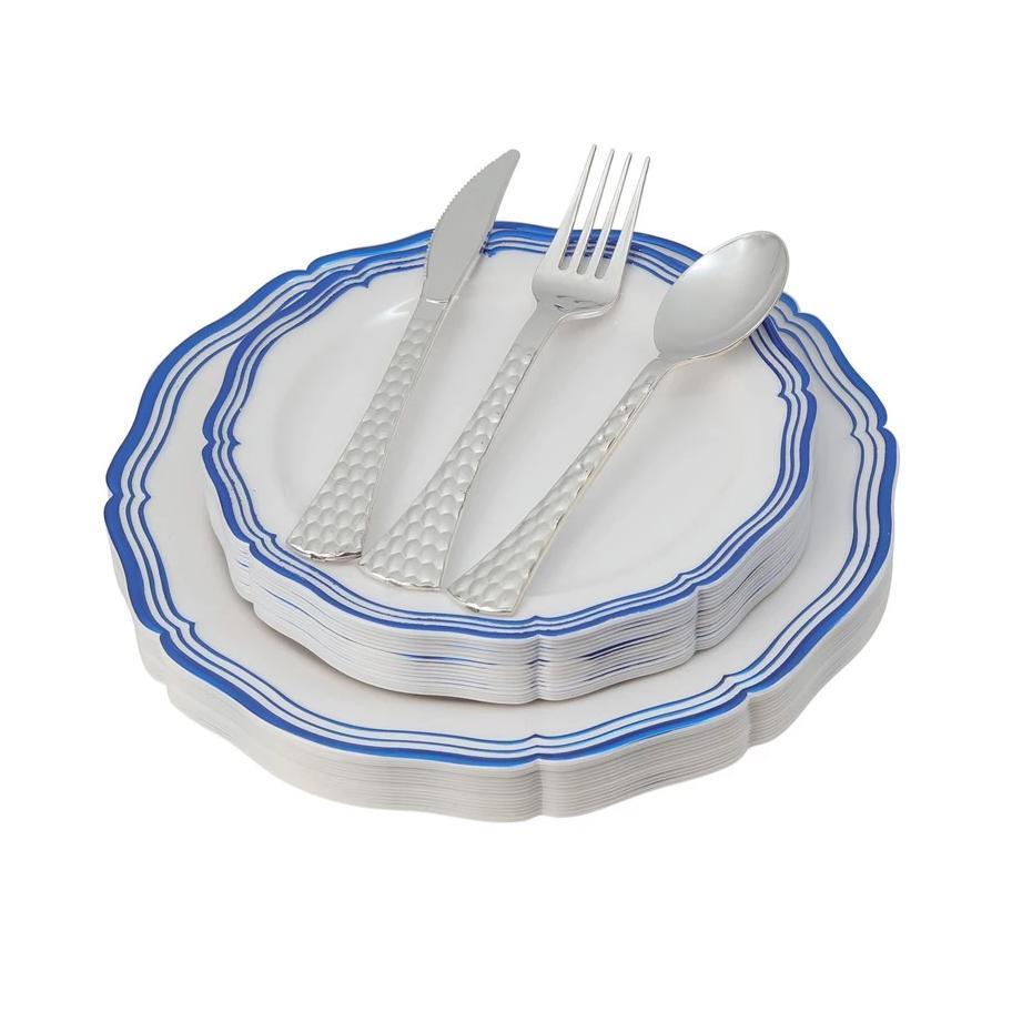 100-Piece White and Blue Round Plastic Dinnerware Set with Silverware - 20 Servings for Parties, Picnics, and Outdoor Events - Aristocrat Brand
