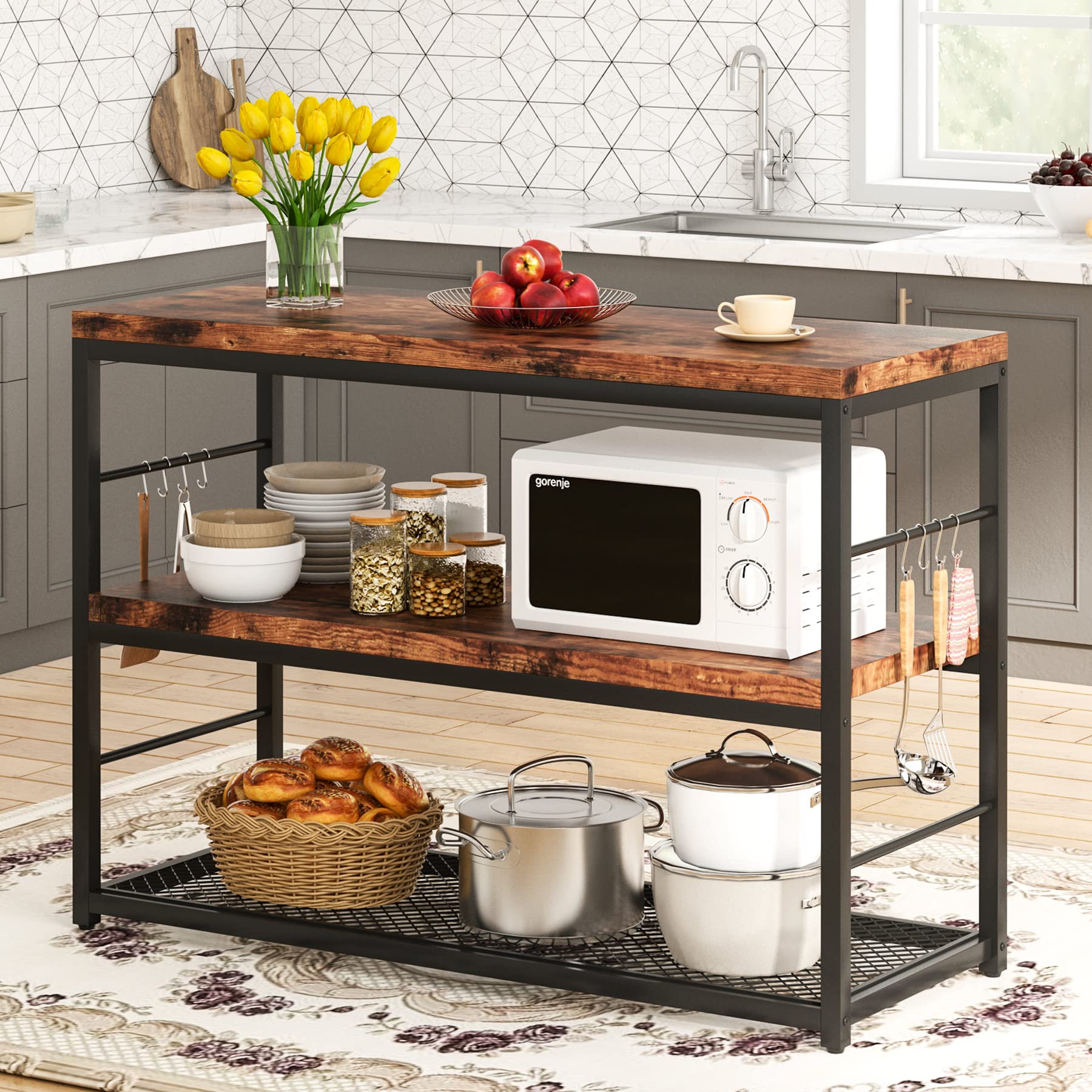 Tribesigns 3-Tier Kitchen Island with Storage Shelves & 8 Hooks - Industrial Microwave Stand, Coffee Bar Table with Large Worktop - Easy Assembly, Rustic Brown - Perfect for Small Kitchen Organization & Coffee Station Setup