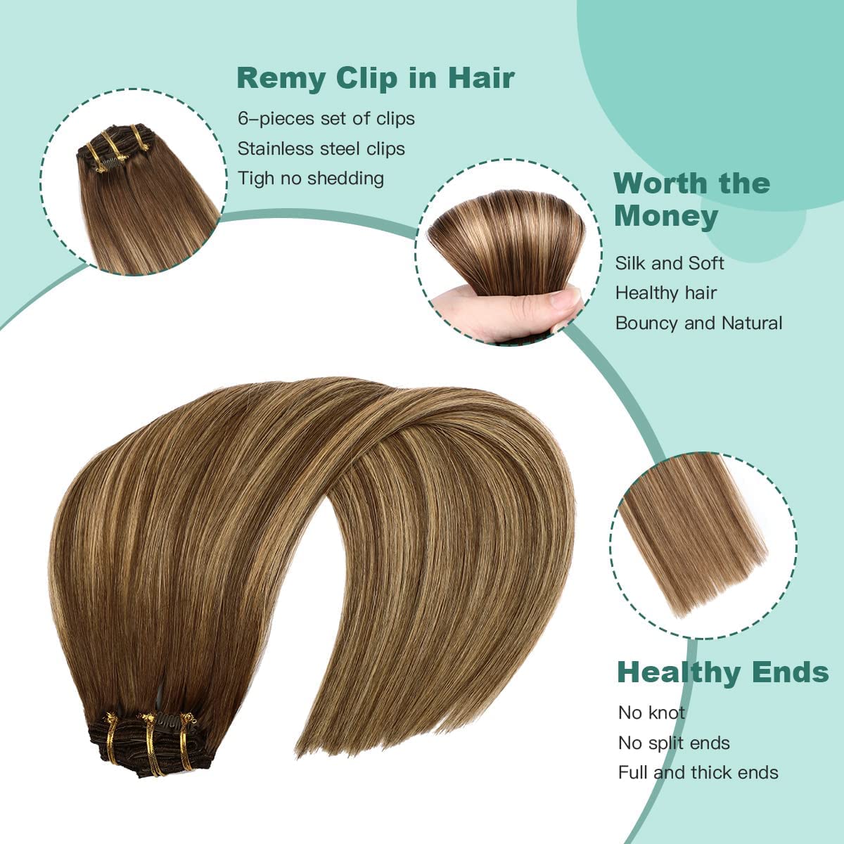 VINBAO 22 Inch 6pcs Clip-in Human Hair Extensions - #4/27/4 Balayage Double Weft Remy Hair - 120g Natural Straight Hair Extensions for Volume & Length - Perfect for Parties, Weddings & Daily Styling