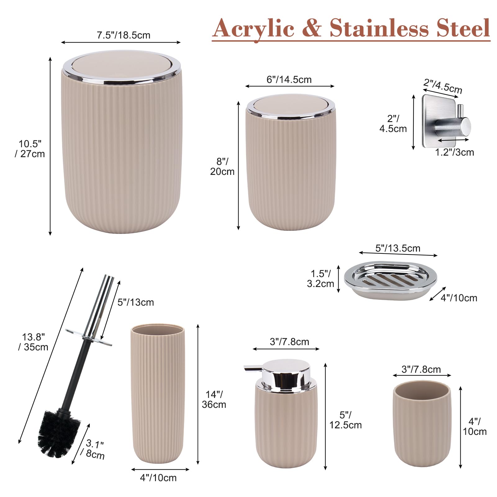 Boperzi 8-Piece Bathroom Accessory Set - Includes Trash Can, Lotion Dispenser, Soap Dish, Toothbrush Holder, Toilet Brush & Adhesive Hooks - Modern Beige Bathroom Decor Kit for Home, Apartment & Guest Bathroom Organization