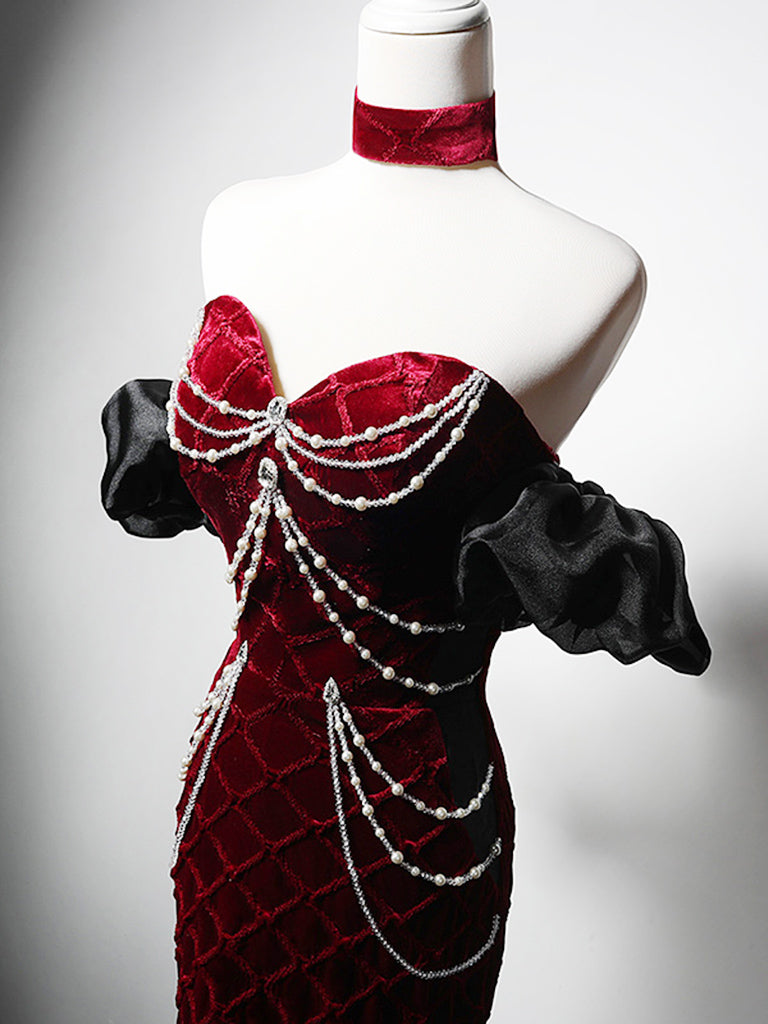 Elegant Burgundy Velvet Mermaid Sweetheart Neck Long Prom Dress with Beaded Details - Perfect for Homecoming, Formal Dances & Special Occasions