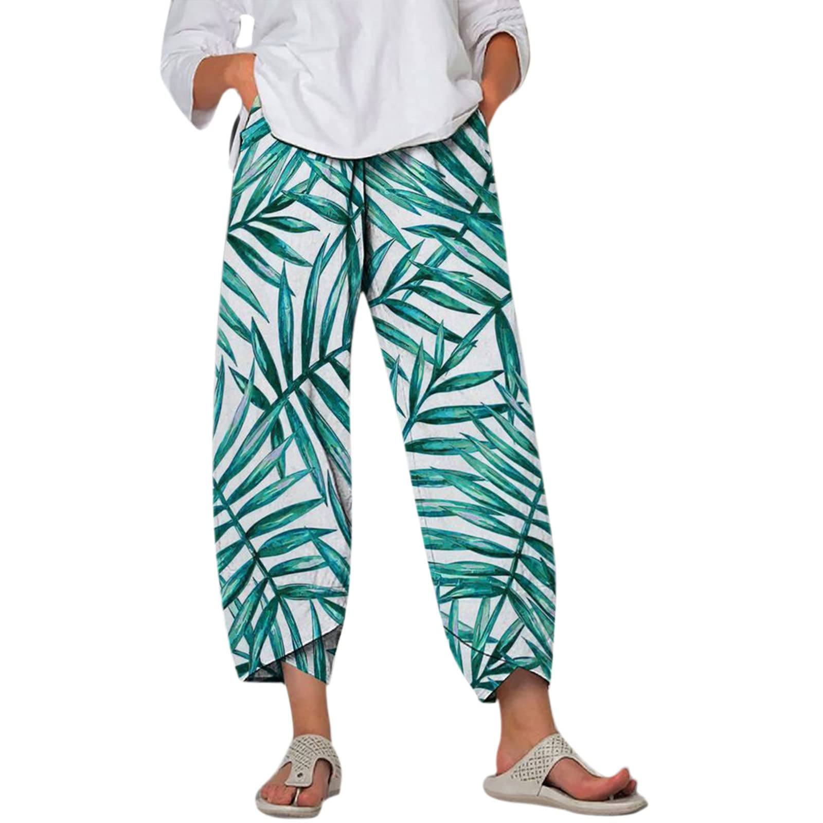 Women's Elastic Waist Casual Pants with Pockets - Loose Harem Sweatpants with Floral Print | Comfortable Lounge Pants for Yoga, Travel & Home Wear
