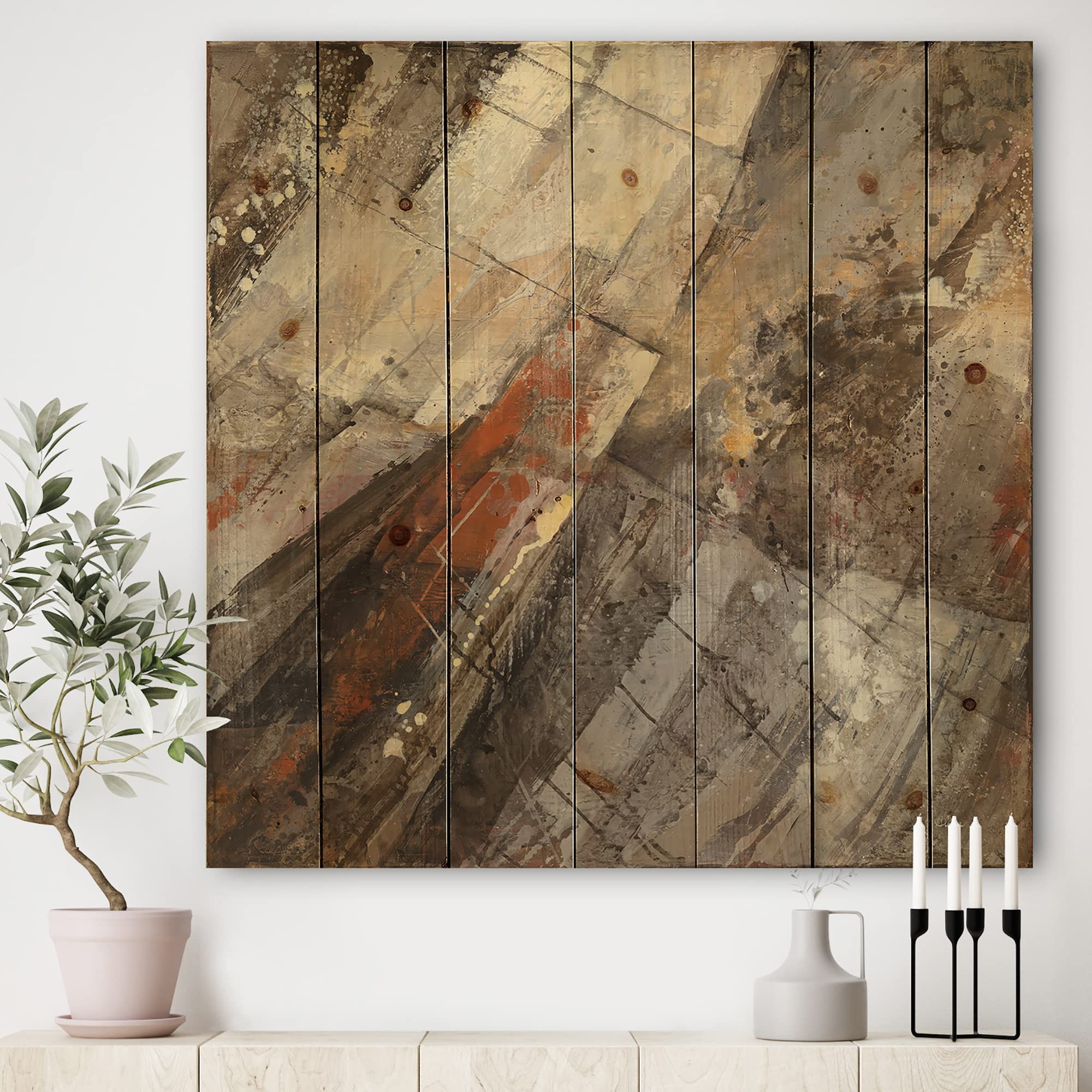 DesignQ Fire And Ice Minerals III Farmhouse Wood Wall Decor - Large Abstract Wood Wall Art Panels Printed on Natural Pine - Rustic Beige Wood Wall Art for Living Room, Bedroom & Office Decor