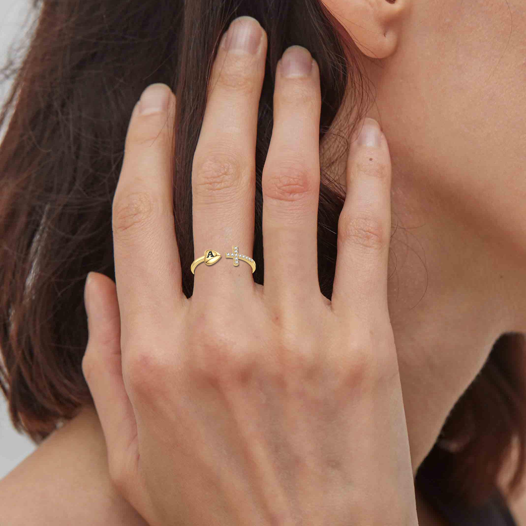 RLMOON 14K Gold/Silver Plated Heart Initial Ring with CZ Cross - Adjustable Dainty Letter Ring for Women & Teen Girls | Non-Tarnish Personalized Jewelry Gift for Valentine's Day, Anniversary & Birthday