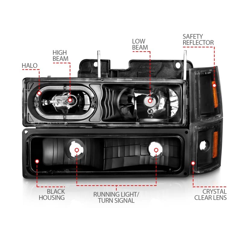 ANZO 111507 Crystal Headlights for 88-98 Chevrolet C1500 - Black Housing with LED Signal & Side Marker Lights | Durable Replacement for Improved Night Visibility | Perfect for Off-Roading & Truck Upgrades