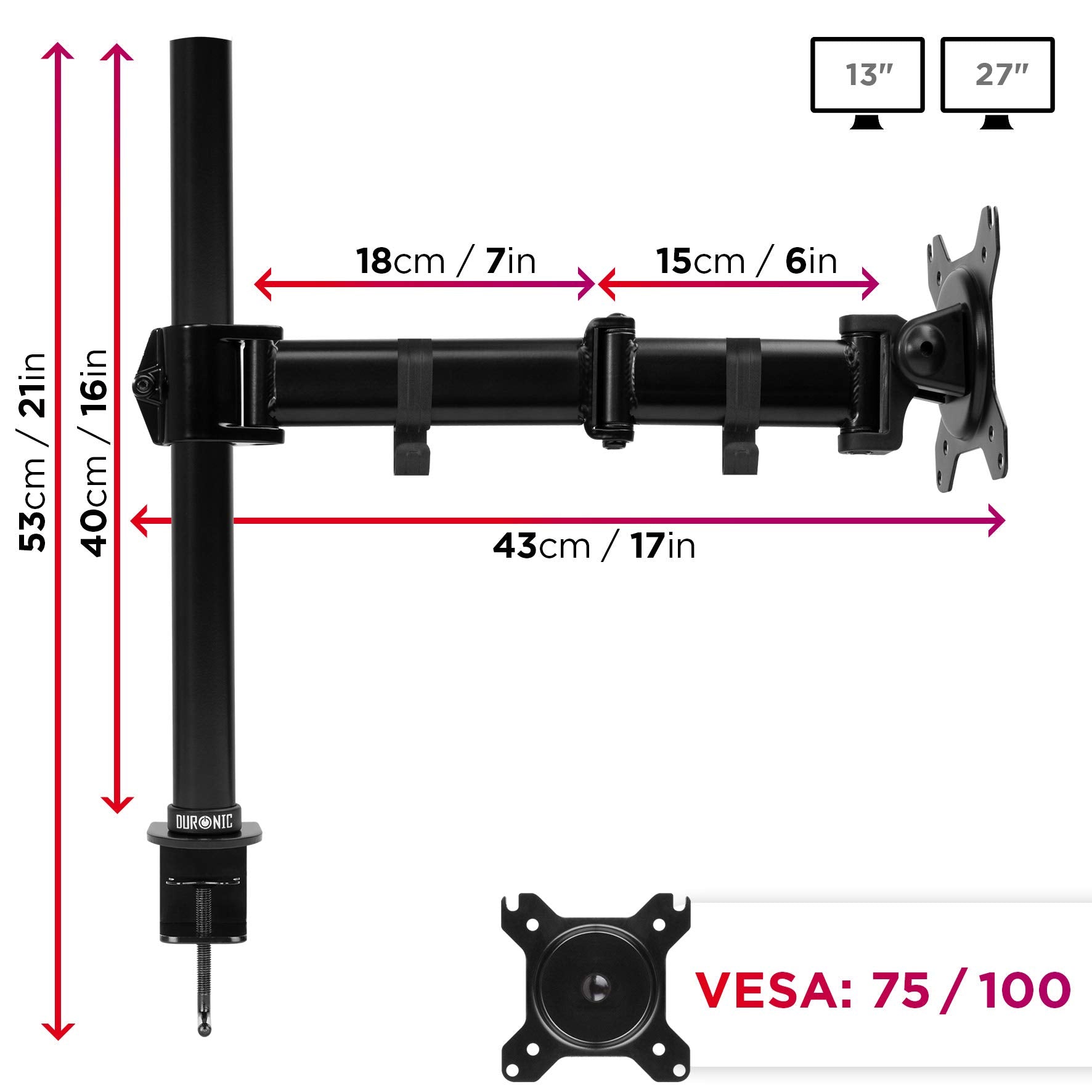 Duronic DM251X3 Single Monitor Arm - Adjustable Height VESA 75/100 Mount Stand for 13-27