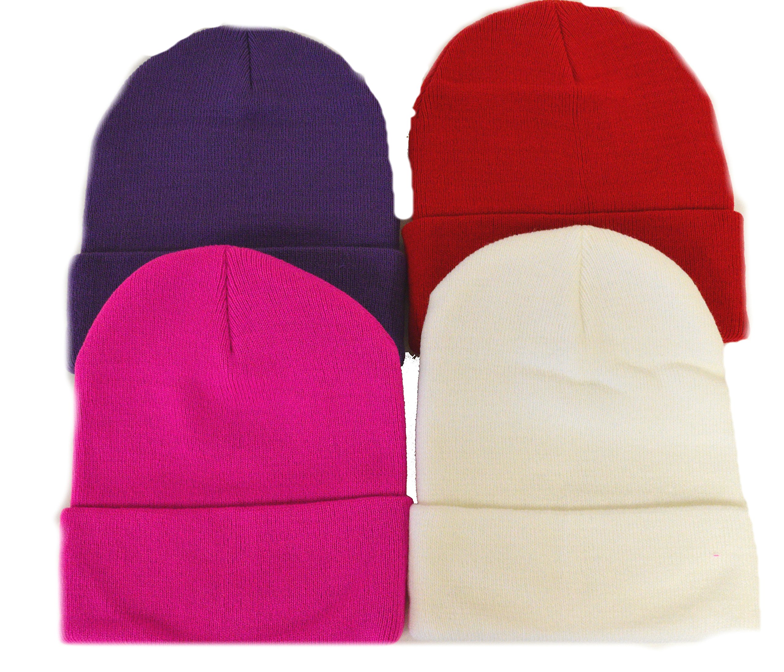 Florida Hat Company 4 Pack Knit Beanies - Purple, Red, Hot Pink, White Winter Hats for Men & Women | Warm Fleece-Lined Beanie Set for Christmas Gifts, Holiday Outfits & Cold Weather Activities