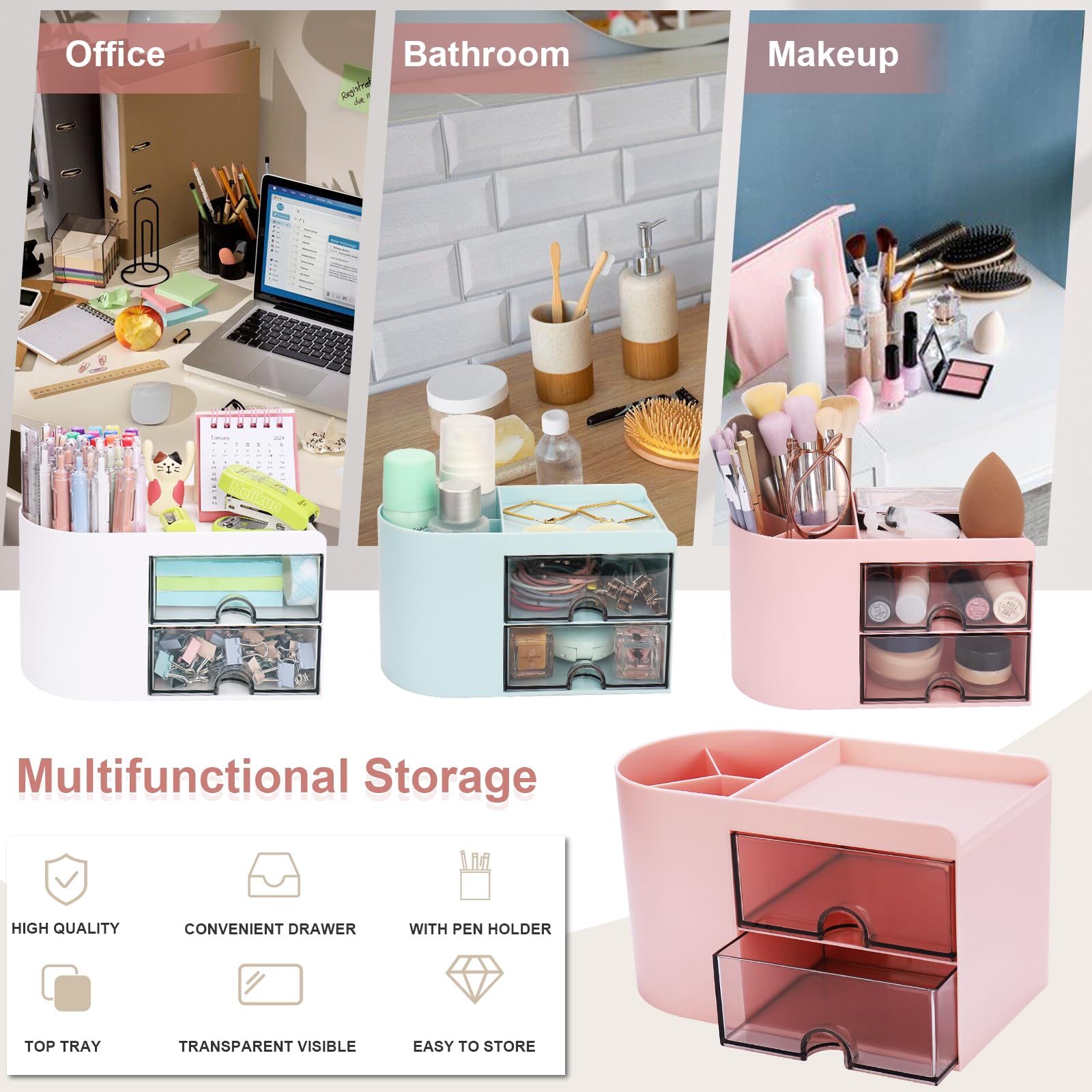 Pink Desk Organizer with 2 Drawers & 4 Compartments - Pen Holder, Pencil Organizer for Office & Home Storage - Perfect for School Supplies, Stationery & Workspace Organization