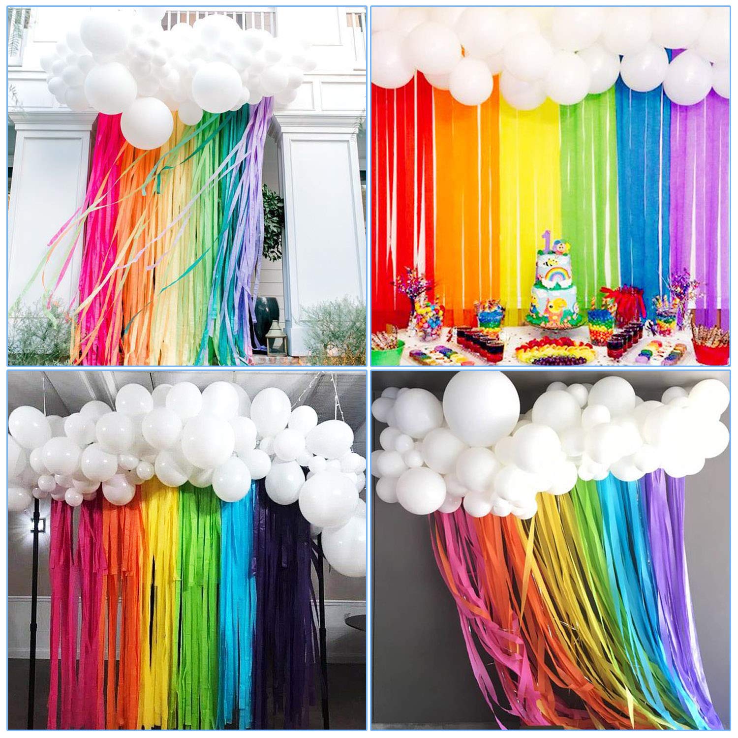 JOYYPOP Rainbow Party Decorations Kit - White Balloon Garland & Rainbow Crepe Paper Streamers for Baby Shower, Birthday Party, Bridal Shower, Gender Reveal, Kids Room Decor - Perfect for Indoor & Outdoor Celebrations