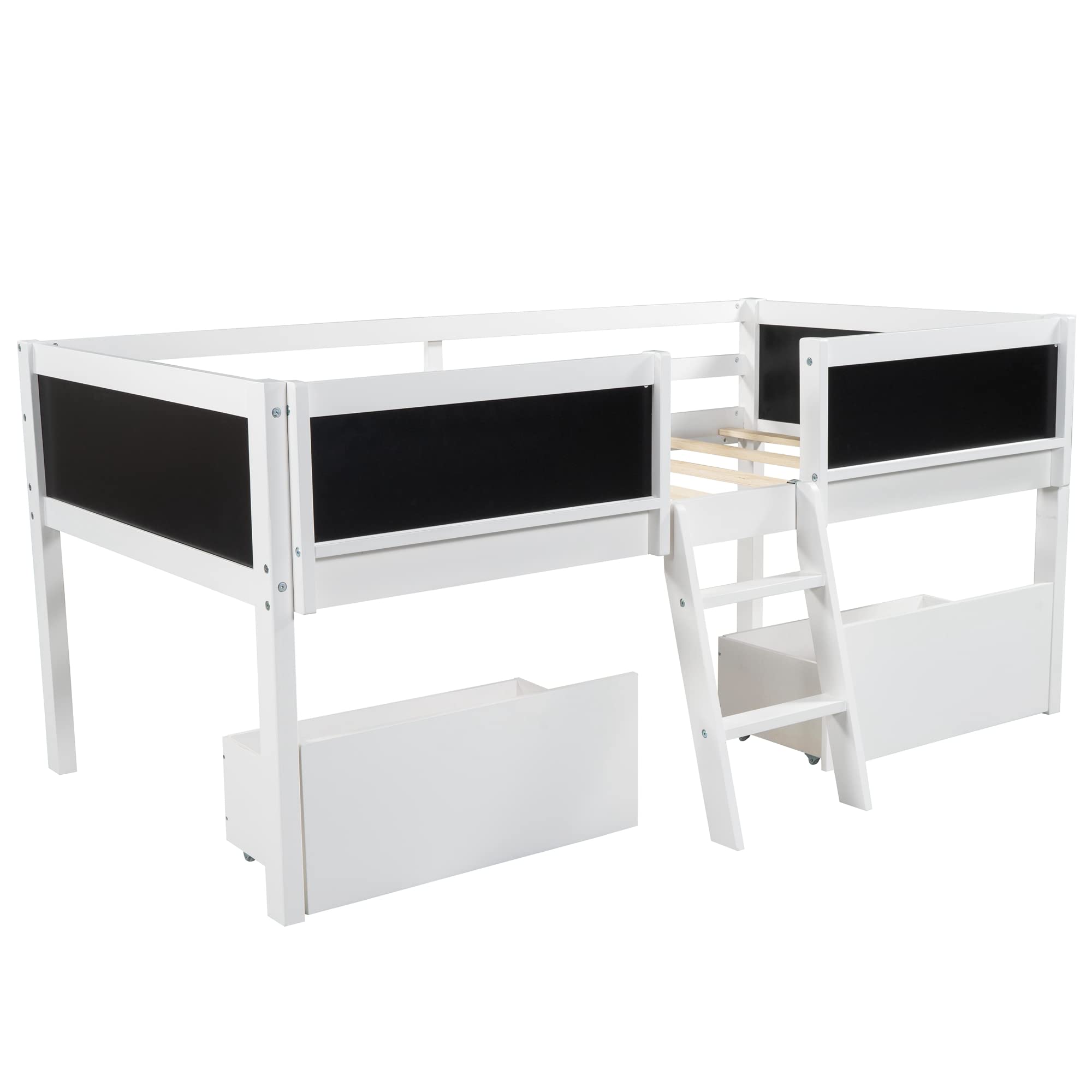 **White Twin Loft Bed with Two Movable Drawers & Ladder - Wooden Low Loft Bed for Kids with Decorative Guardrail & Chalkboard - Perfect for Boys & Girls Bedroom, Small Spaces & Play Areas**