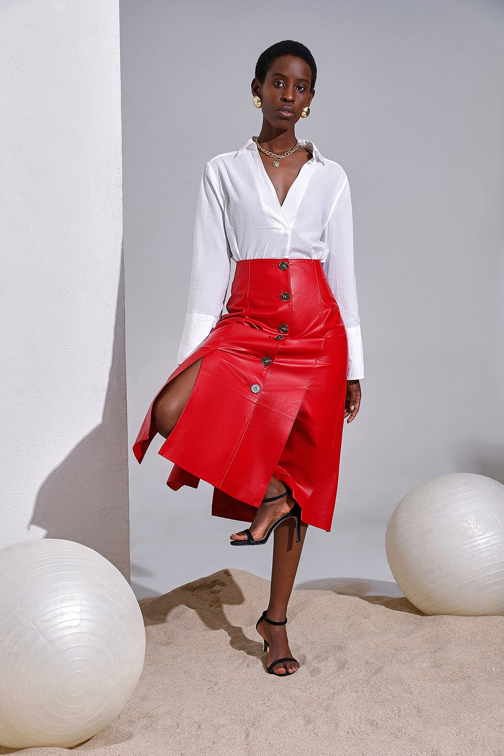 Genuine Leather A-Line Pleated Skater Midi Skirt for Women - Red with Side Slit | Perfect for Office Wear, Date Nights & Fall Fashion Outfits