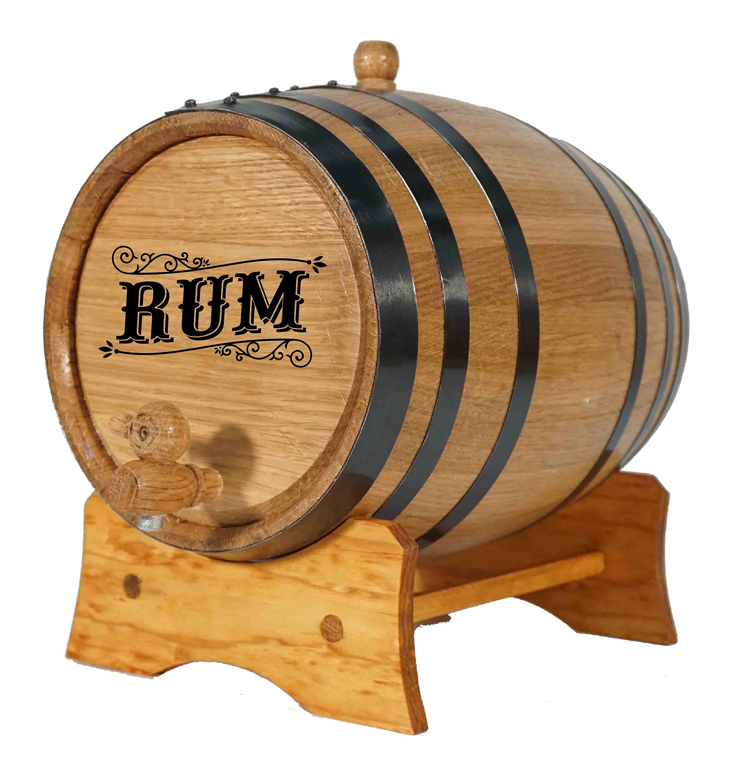 3 Liter American Oak Whiskey Aging Barrel with Stand - Handcrafted for Bourbon, Tequila, Rum, Wine & Cocktails | Premium Oak Barrel Kit with Bung & Spigot | Perfect for Home Brewing, DIY Aging & Unique Gifts | Laser Engraved RUM Design B523