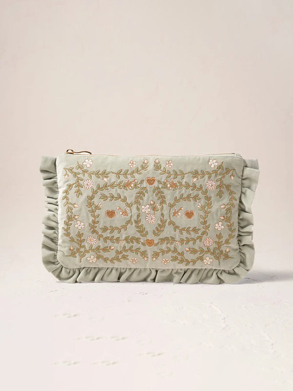 Elizabeth Scarlett Cotton Frill Everyday Pouch - Sage Mediterranean Garden - Perfect for Makeup, Jewelry & Travel Essentials Storage