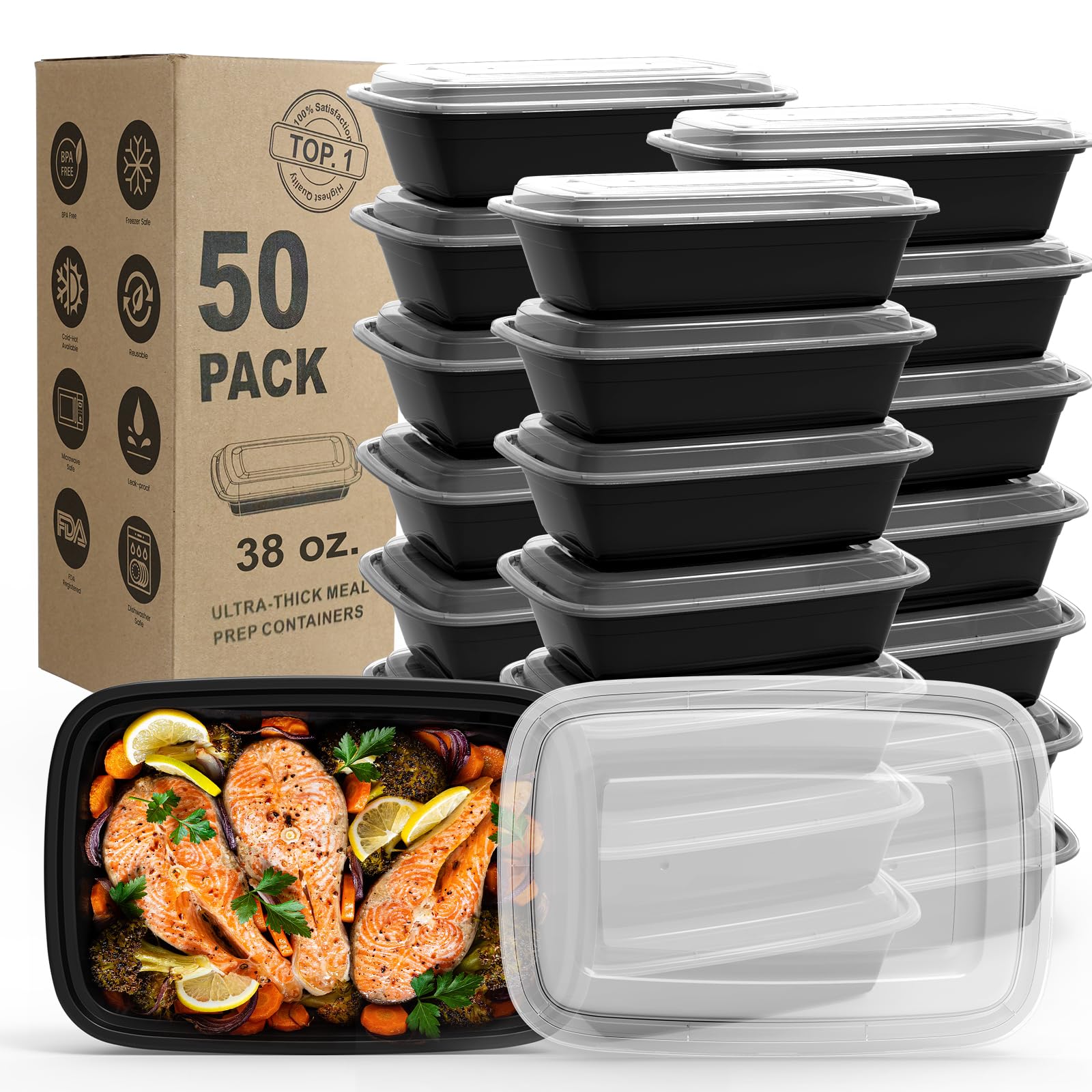 50-Pack 38oz BPA-Free Meal Prep Containers with Lids - Reusable, Stackable Food Storage Containers for Meal Prepping, Leftovers & On-the-Go | Microwave, Dishwasher & Freezer Safe