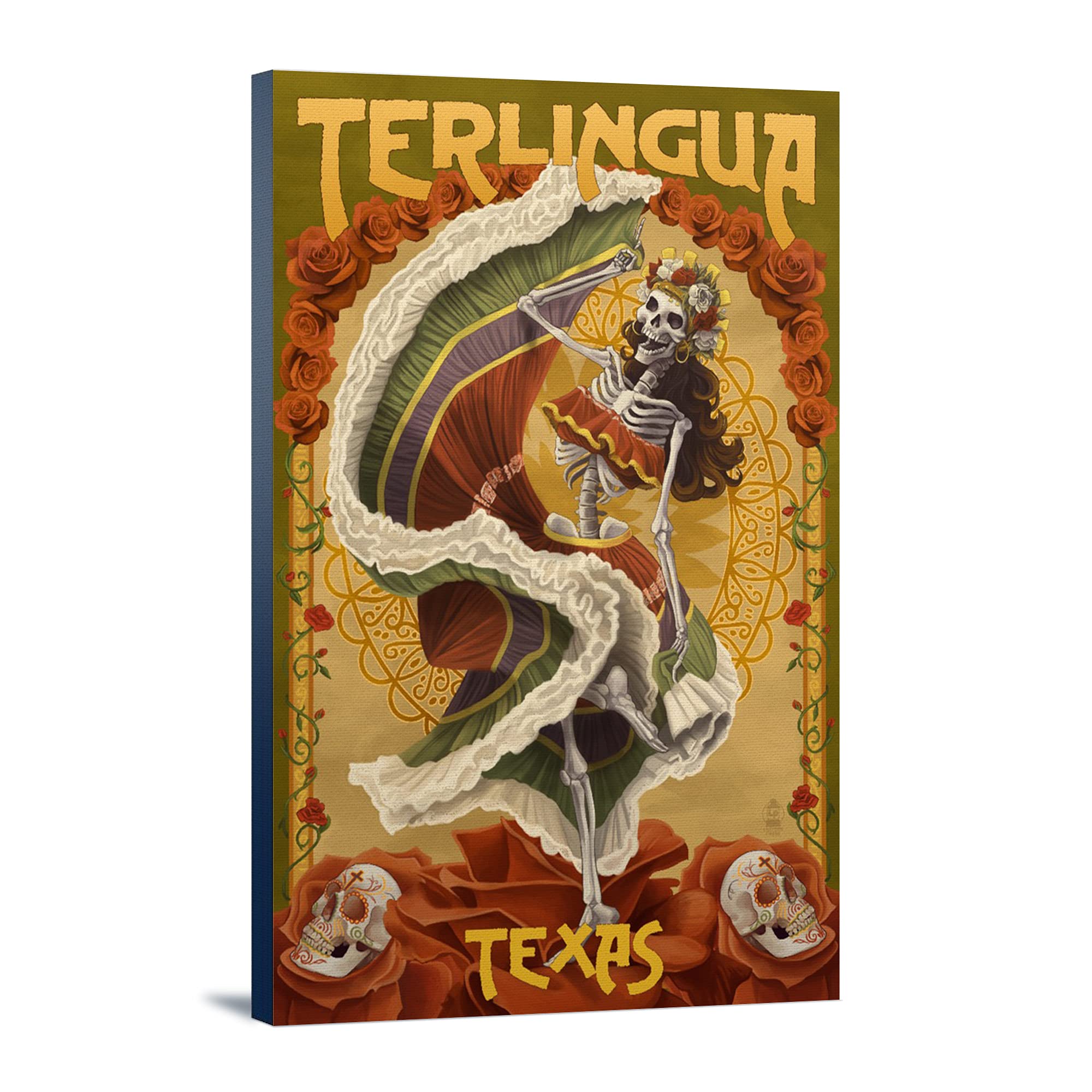 Terlingua Texas Day of the Dead Skeleton Dancing Art Print - 24x36 Inch Gallery Wrapped Canvas Wall Decor - Perfect for Halloween, Dia de los Muertos & Southwestern Home Decor