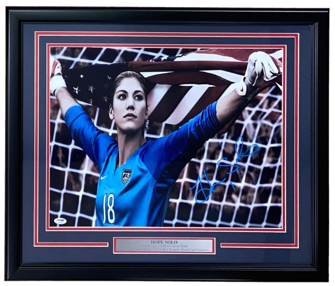 Hope Solo Autographed 16x20 Framed USA Women's Soccer Photo with PSA/DNA Certification - Perfect for Sports Memorabilia Collectors and Soccer Fans' Home Decor