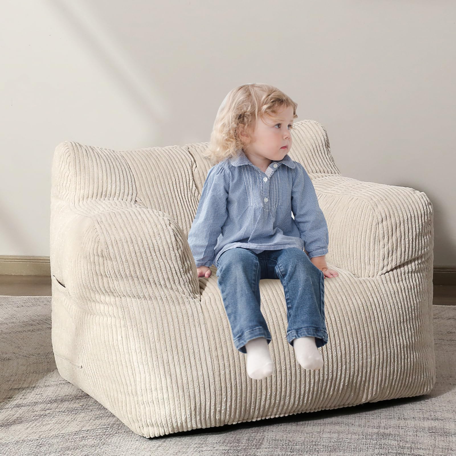 HIGOGOGO Bean Bag Chair Sofa - Extra Large Comfy Lazy Chair with Pocket Armrests for Living Room, Bedroom, Gaming & Reading - Soft Beige Fabric for Ultimate Relaxation | Perfect for College Dorms, Home Theater & Kids Playroom
