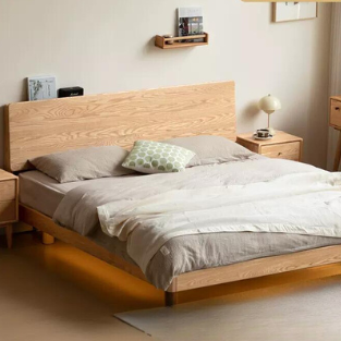 Solid Oak Wood Modern Floating Bed Frame - Queen Size, Sturdy Platform Bed with LED Lights for Bedroom, Living Room, Guest Room
