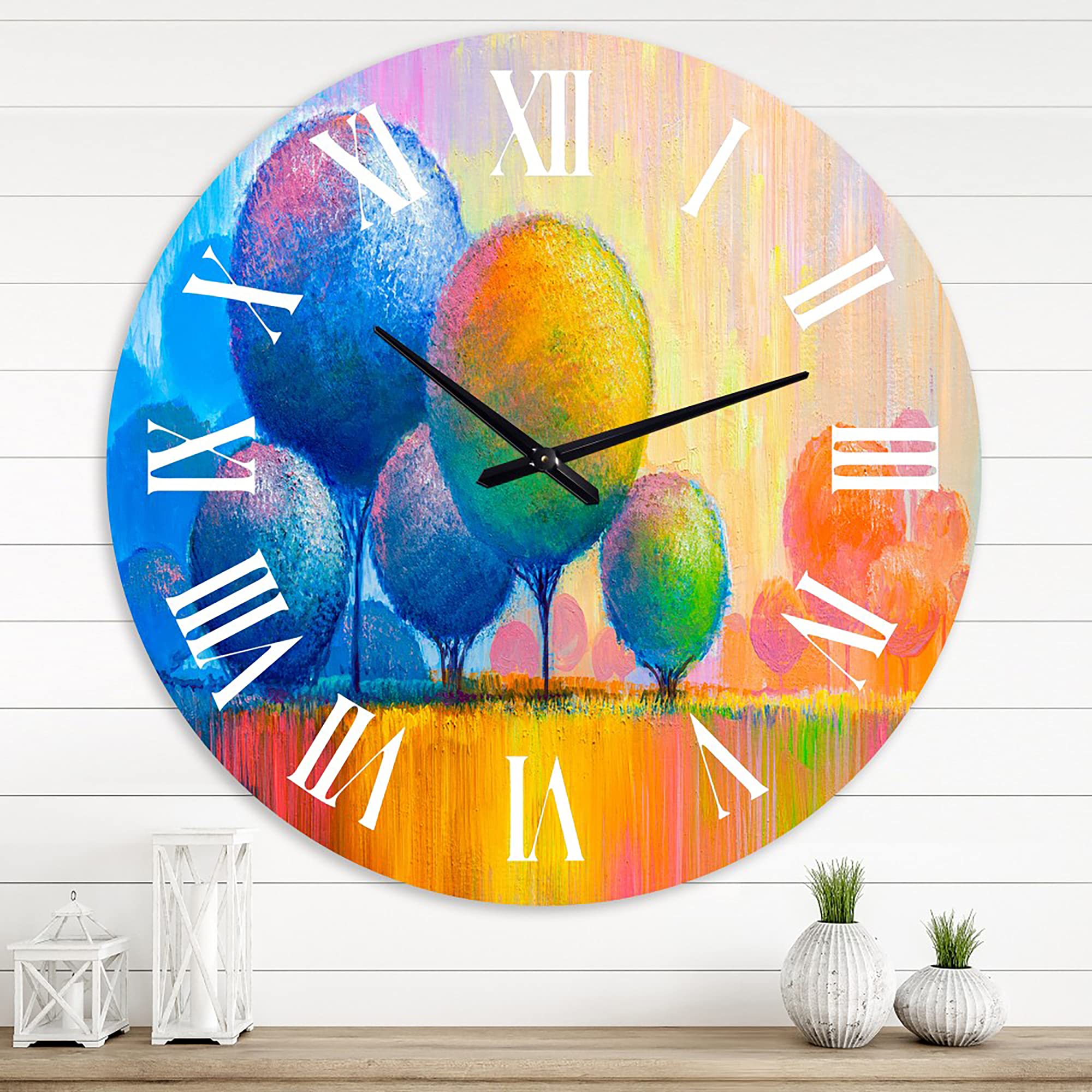 DesignQ Modern Wall Clock - Colorful Ornamental Trees VII Landscape Nature Art - Large Decorative Clock for Living Room, Bedroom & Office Decor | Perfect for Home, Office & Gift Giving