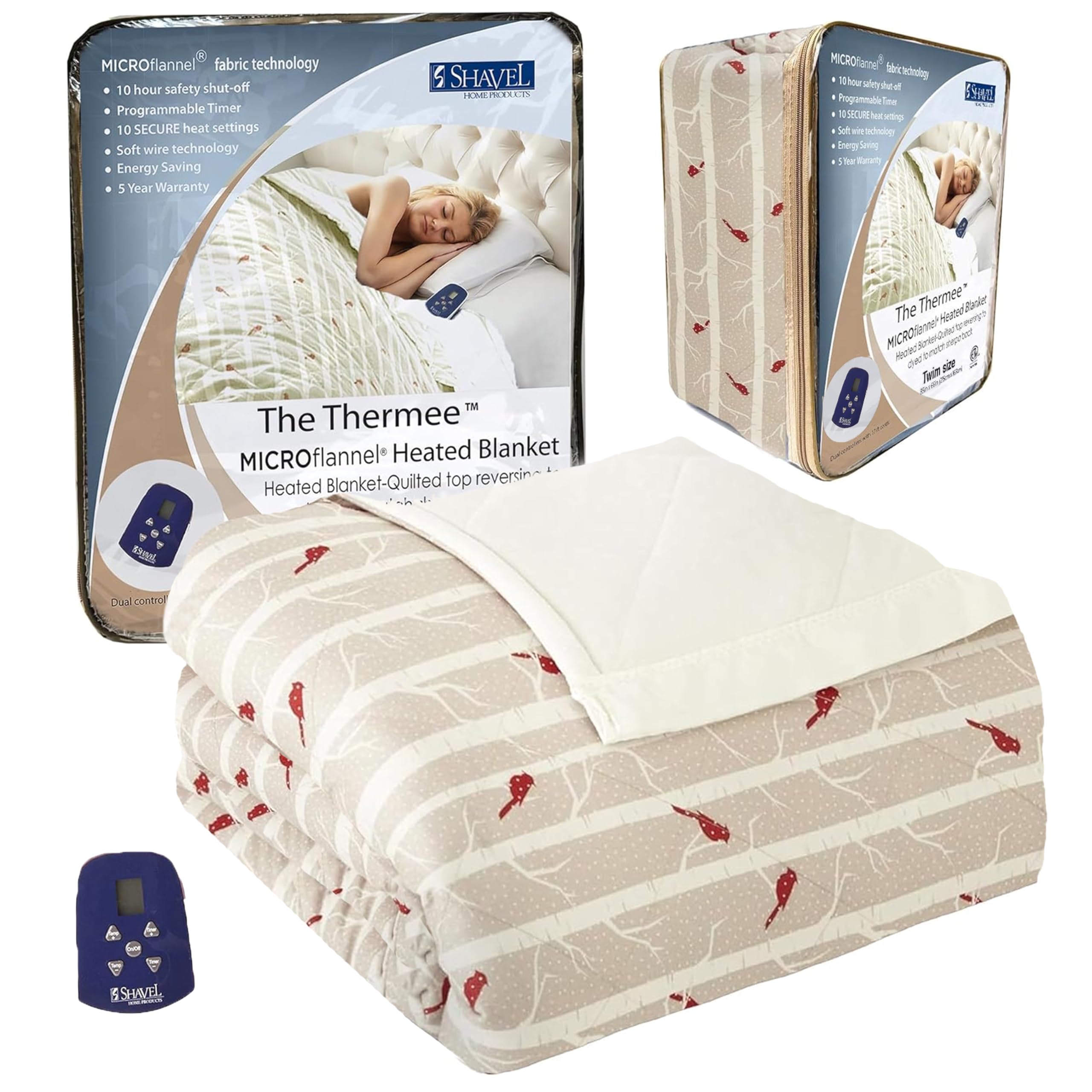 Thermee Micro Flannel Heated Blanket Twin Size - 10 Heat Settings, Programmable Electric Warming Blanket, Ultra Soft & Fast Heating Throw for Bed, Sofa & Winter Use - Birches Pattern