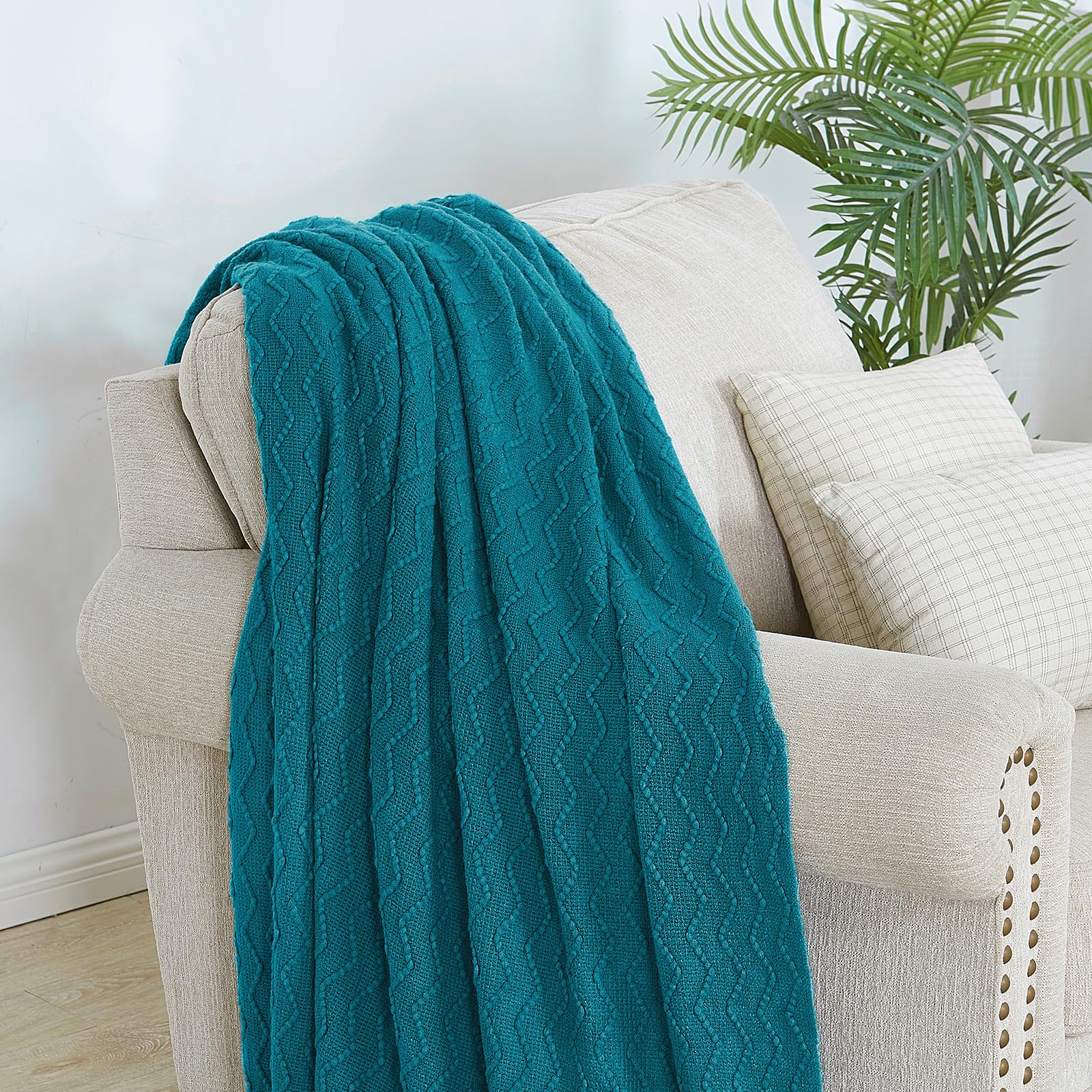 BOURINA Teal Knitted Throw Blanket 50x90 Inches - Ultra Soft Textured Solid Blanket for Sofa, Couch & Bed - Cozy Decorative Cover for Living Room, Bedroom & Travel
